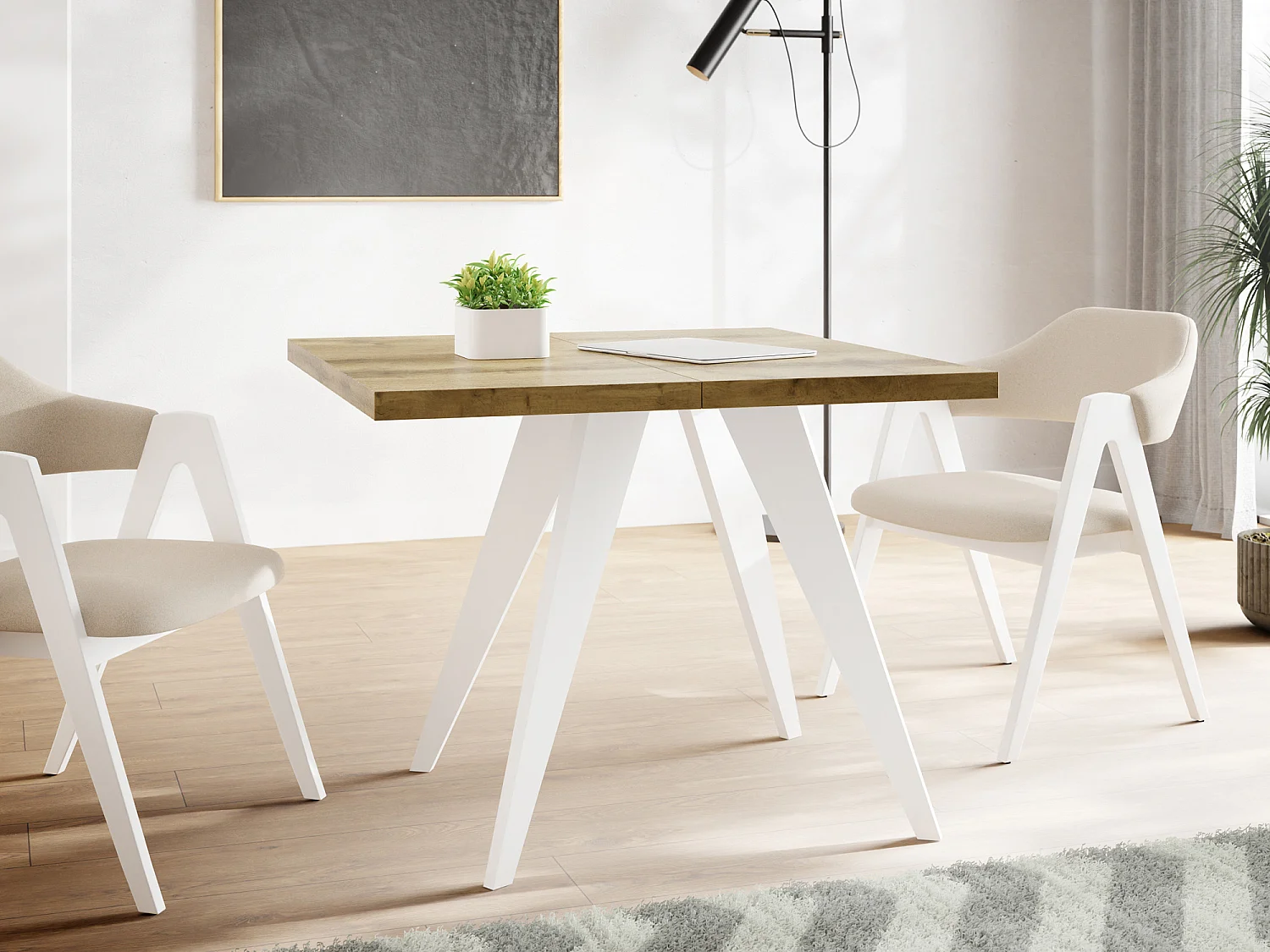 Table à Manger Carrée Extensible Quadro 100-150 cm - Table de Salle à Manger Industrielle avec Pieds Blancs pour 4-6 Personnes - Style Loft - Chêne Wotan