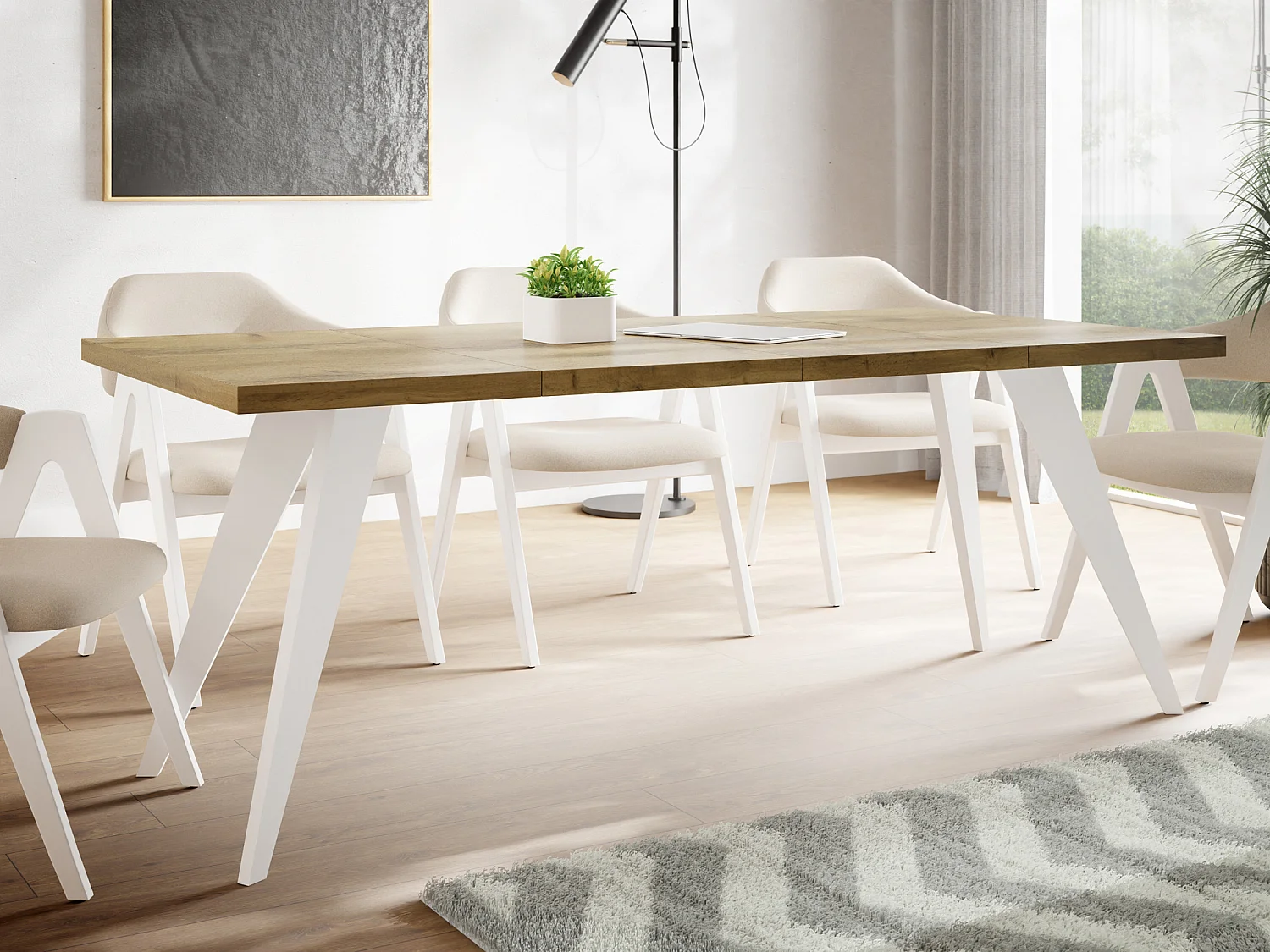 Table à Manger Carrée Extensible Quadro 100-150 cm - Table de Salle à Manger Industrielle avec Pieds Blancs pour 4-6 Personnes - Style Loft - Chêne Wotan