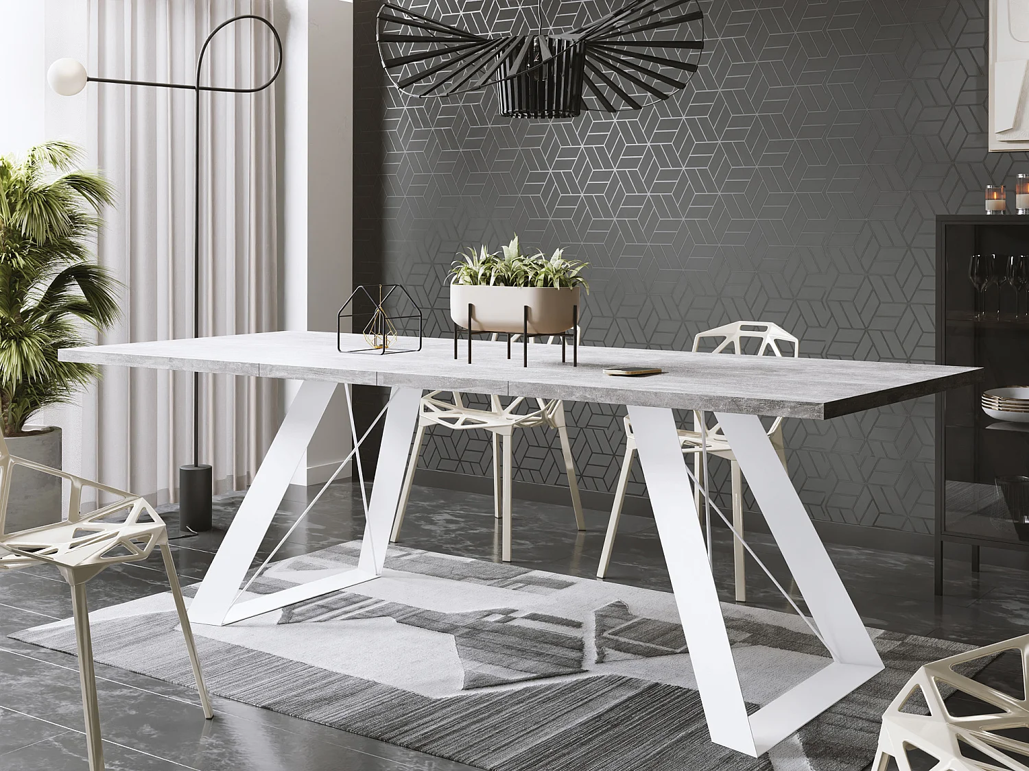 Table à Manger Rectangulaire Extensible avec Cadre Métallique Noir – Table Économiseuse d'Espace Style Loft pour Salon – Blanc avec Pieds Métalliques Noirs – 160...