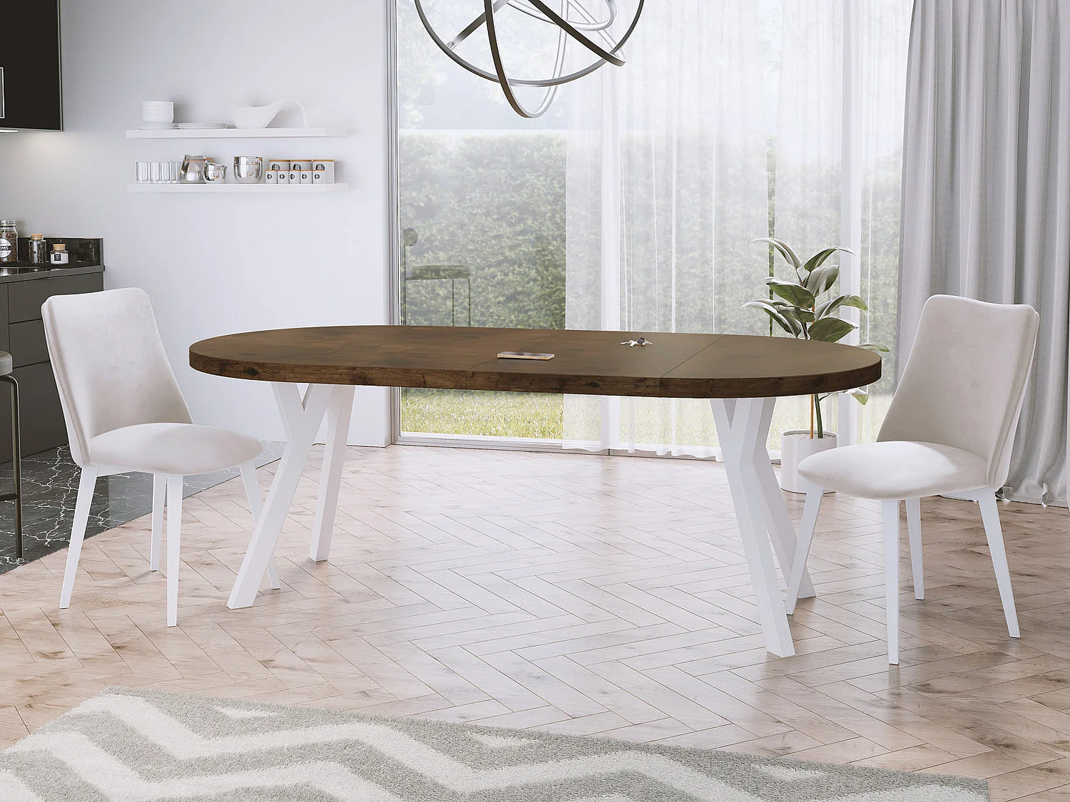 Table à Manger Extensible Ronde Designer - Style Loft, Peu Encombrant - Pieds Blanc - 90 à 170 cm - pour 4-8 personnes - Fabriqué en UE - Chêne Lefkas - 170 cm