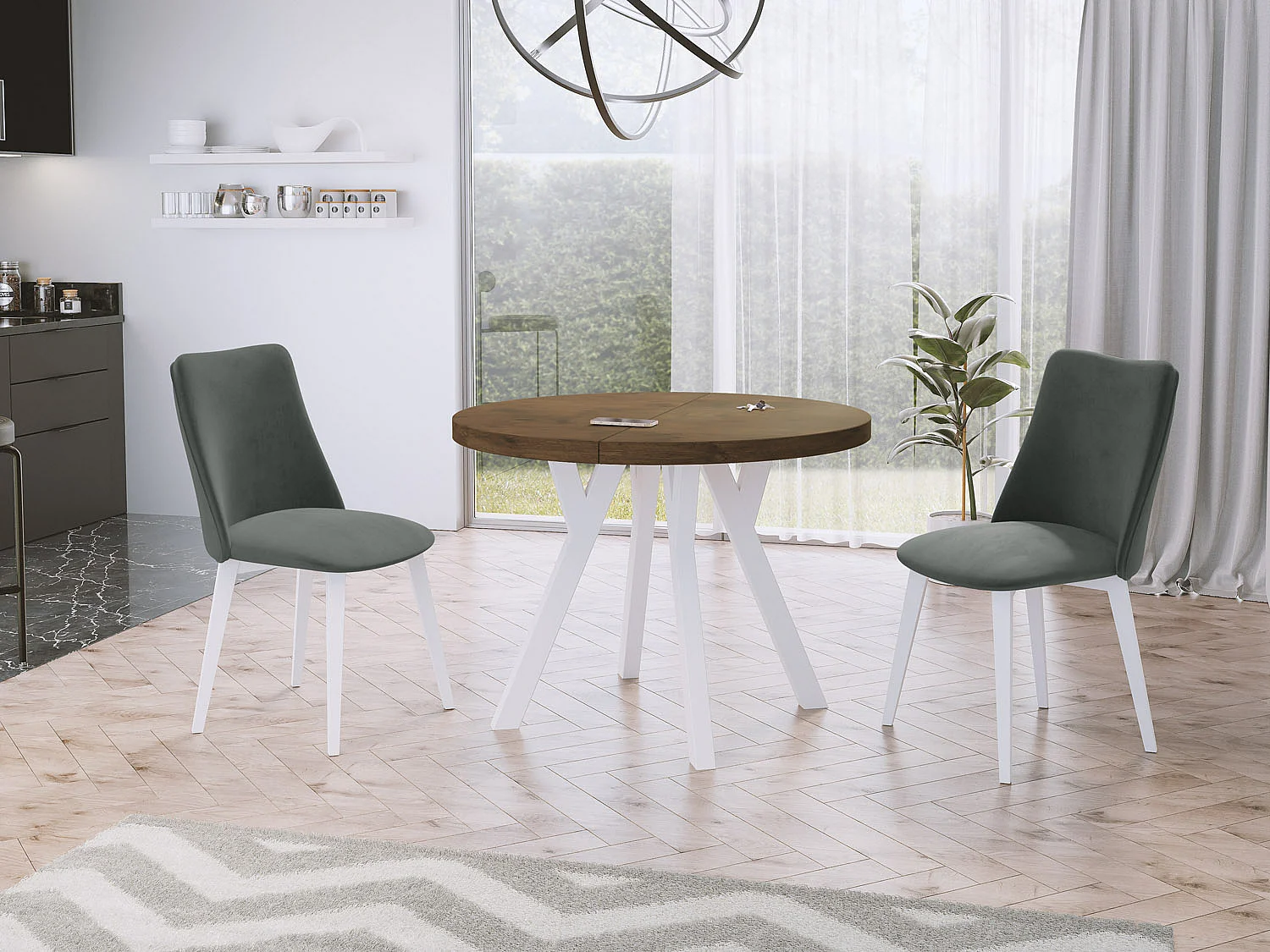 Table à Manger Extensible Ronde Designer - Style Loft, Peu Encombrant - Pieds Blanc - 90 à 170 cm - pour 4-8 personnes - Fabriqué en UE - Chêne Lefkas - 170 cm