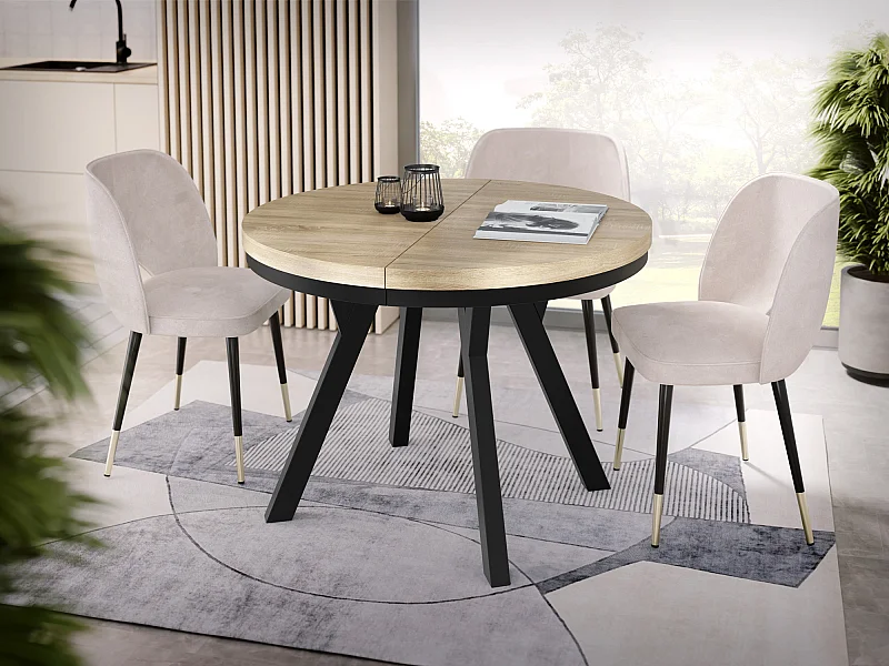 Table à Manger Ronde Extensible Designer - Style Loft, Peu Encombrant -  Pieds Noirs - 90 à 170 cm - Pour 4-8 personnes - Fabriqué en UE - Chêne Sonoma - 170 cm