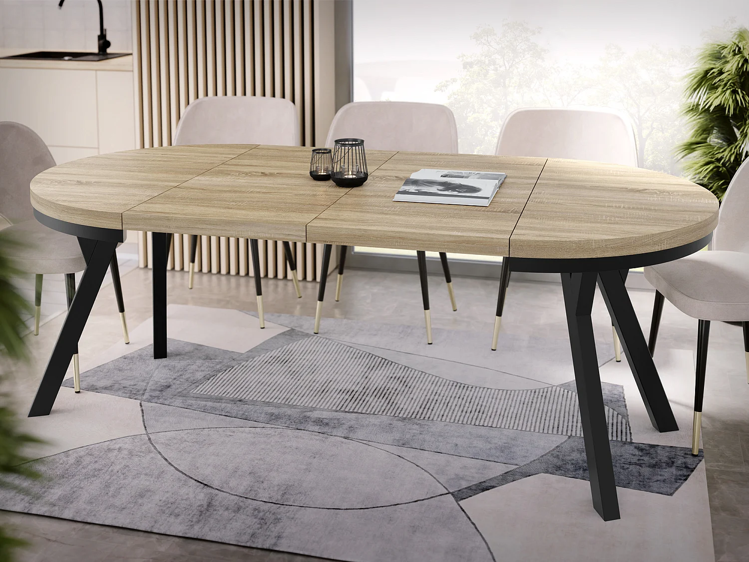 Table à Manger Ronde Extensible Designer - Style Loft, Peu Encombrant -  Pieds Noirs - 90 à 170 cm - Pour 4-8 personnes - Fabriqué en UE - Chêne Sonoma - 170 cm