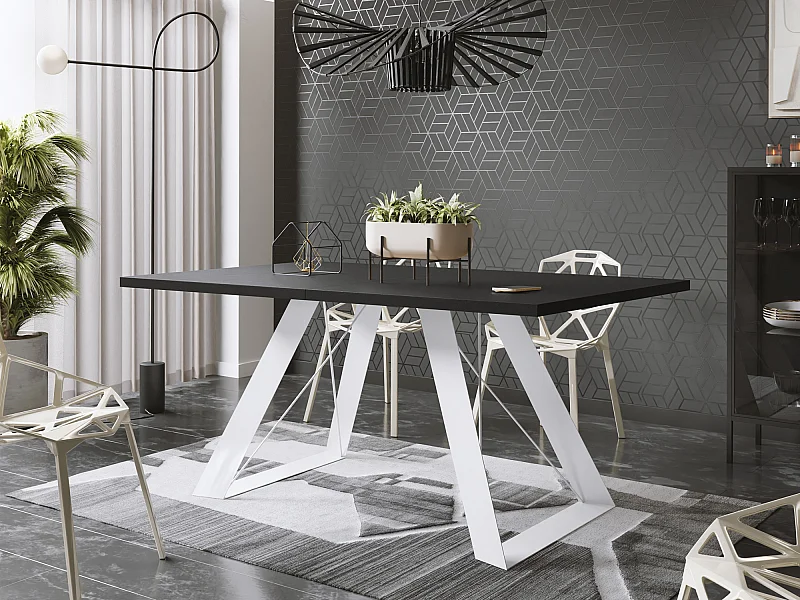 Table à Manger Rectangulaire Extensible avec Cadre Métallique Noir – Table Économiseuse d'Espace Style Loft pour Salon – Blanc avec Pieds Métalliques Noirs – 160...