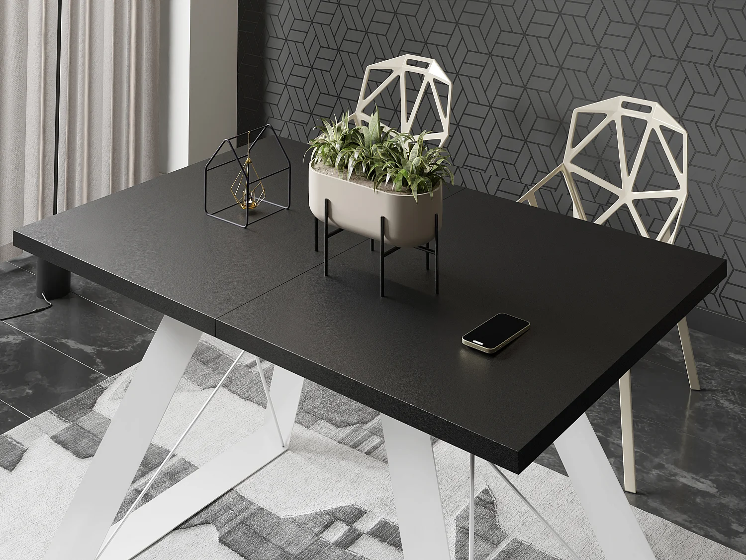 Table à Manger Rectangulaire Extensible avec Cadre Métallique Noir – Table Économiseuse d'Espace Style Loft pour Salon – Blanc avec Pieds Métalliques Noirs – 160...