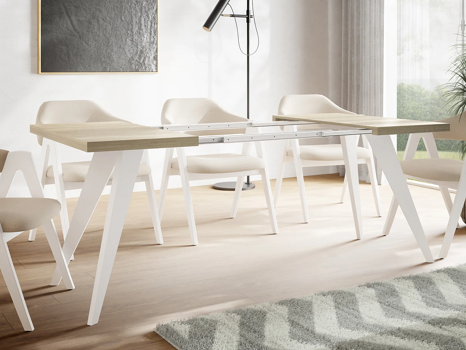 Table à Manger Carrée Extensible Quadro 100-150 cm - Table de Salle à Manger Industrielle avec Pieds Blancs pour 4-6 Personnes - Style Loft - Chêne Sonoma