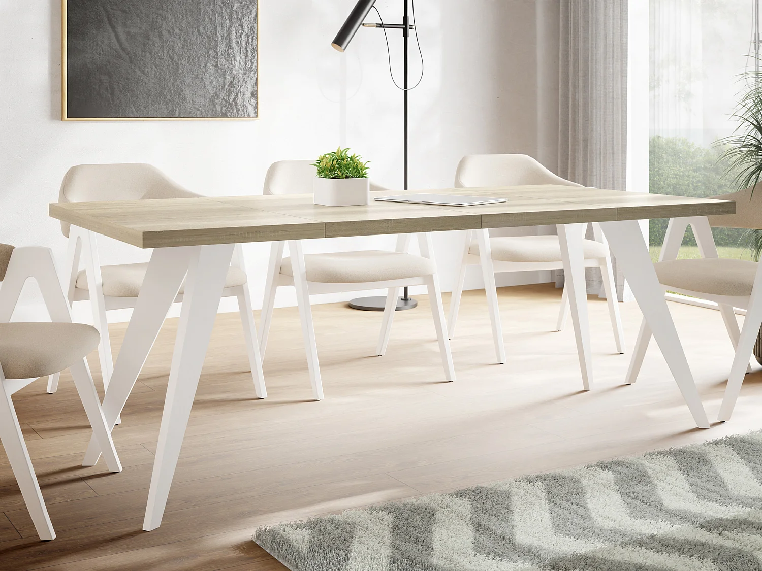 Table à Manger Carrée Extensible Quadro 100-150 cm - Table de Salle à Manger Industrielle avec Pieds Blancs pour 4-6 Personnes - Style Loft - Chêne Sonoma