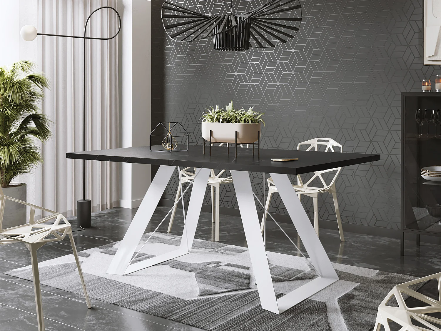 Table à Manger Rectangulaire Extensible avec Cadre Métallique Noir – Table Économiseuse d'Espace Style Loft pour Salon – Blanc avec Pieds Métalliques Noirs – 160...