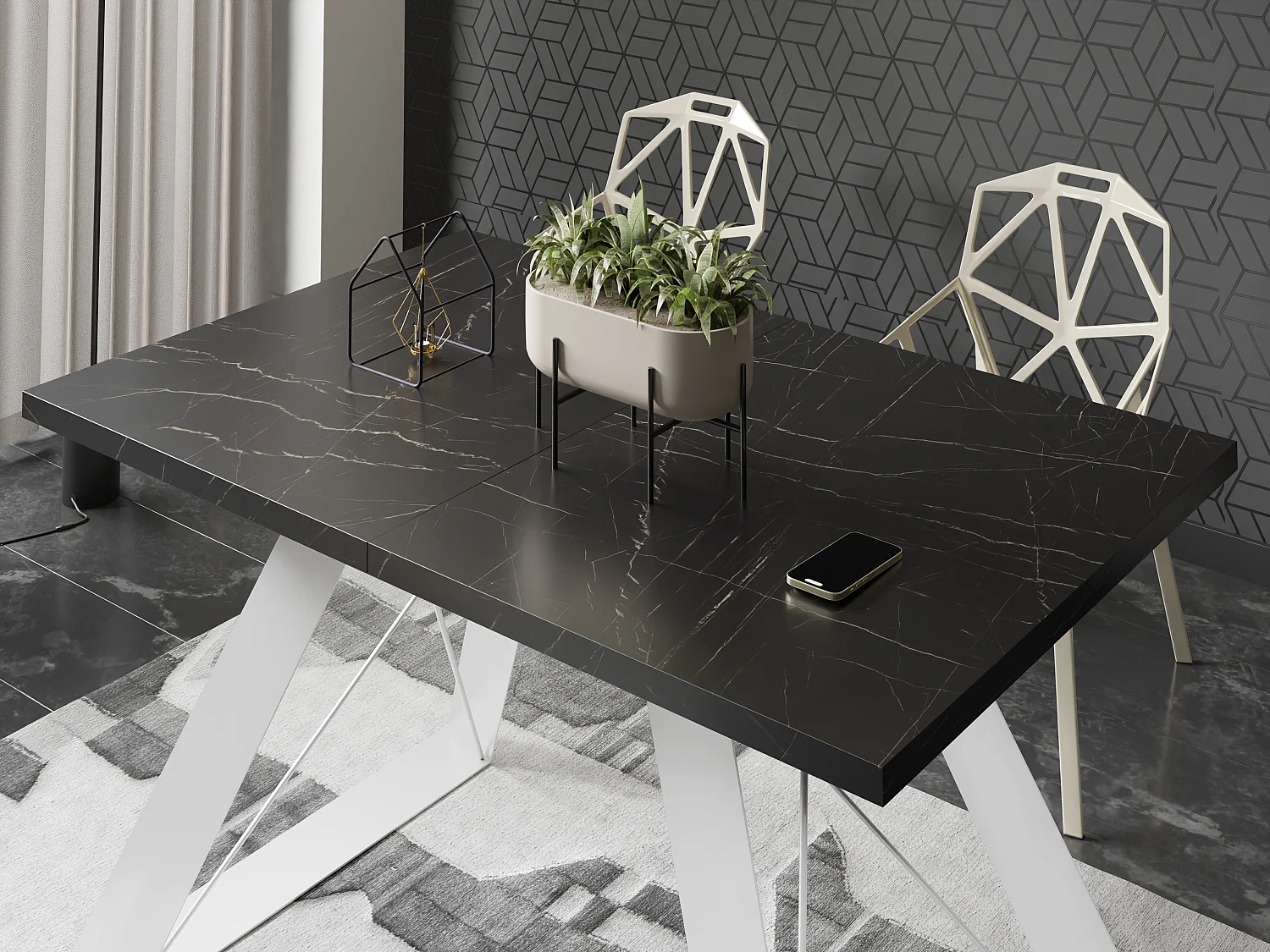 Table à Manger Rectangulaire Extensible avec Cadre Métallique Noir – Table Économiseuse d'Espace Style Loft pour Salon – Blanc avec Pieds Métalliques Noirs – 160...
