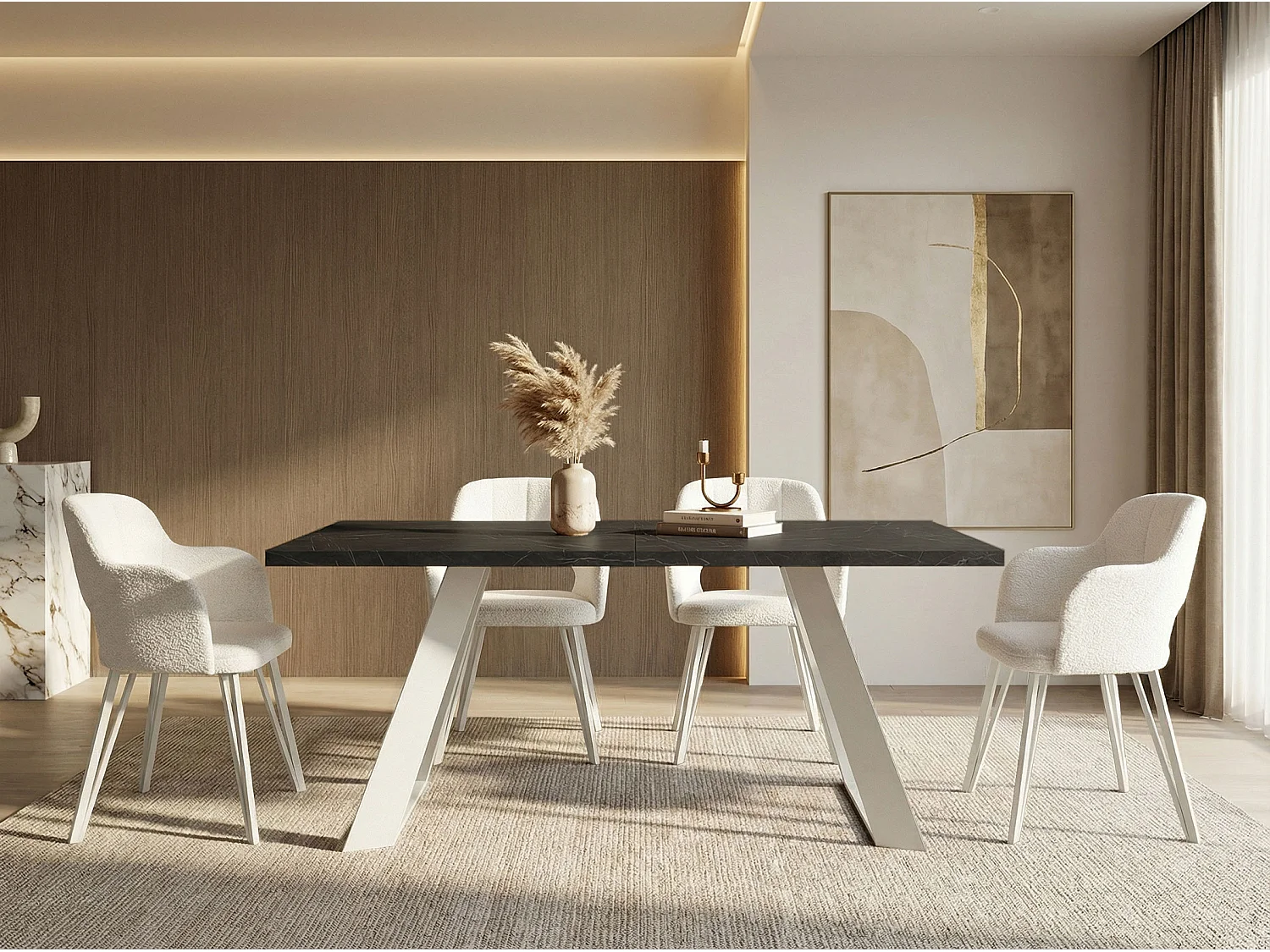 Table à Manger Rectangulaire Extensible avec Cadre Métallique Noir – Table Économiseuse d'Espace Style Loft pour Salon – Blanc avec Pieds Métalliques Noirs – 160...