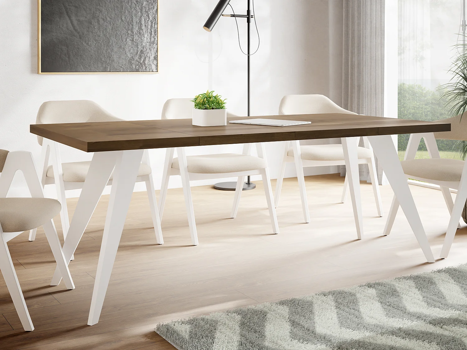 Table à Manger Carrée Extensible Quadro 100-200 cm - Table de Salle à Manger Industrielle avec Pieds Blancs pour 4-8 Personnes - Style Loft - Chêne Lefkas