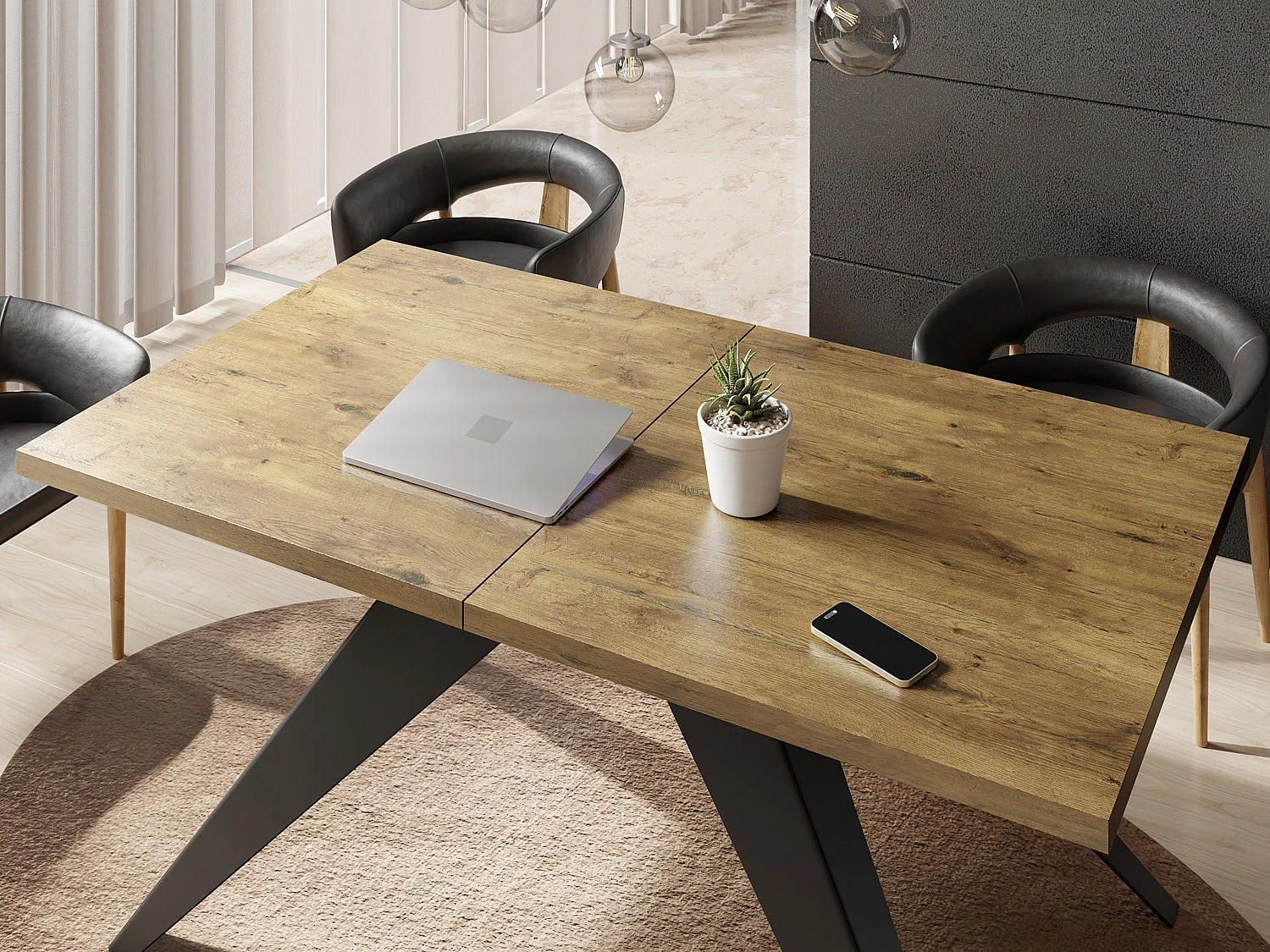 Table à Manger Vance Style Moderne - Table Rectangulaire Extensible de 160 à 260 cm, Pieds en Métal Noir Revêtement Poudre - 160 x 90 cm - Chêne Lancelot