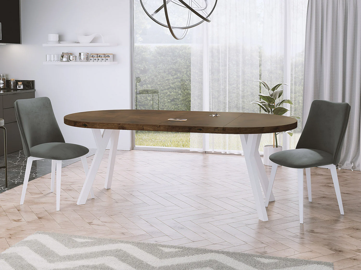 Table à Manger Extensible Ronde Designer - Style Loft, Peu Encombrant - Pieds Blanc - 100 à 200 cm - pour 5-10 personnes - Fabriqué en UE - Chêne Lefkas - 200 cm