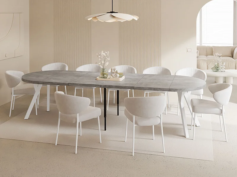 Table à Manger Ronde Extensible XXL Style Loft – 100 à 300 cm – Grande Table avec Pieds en Bois Blanc – Table Extra Longue pour 5 à 16 Personnes – Béton Gris