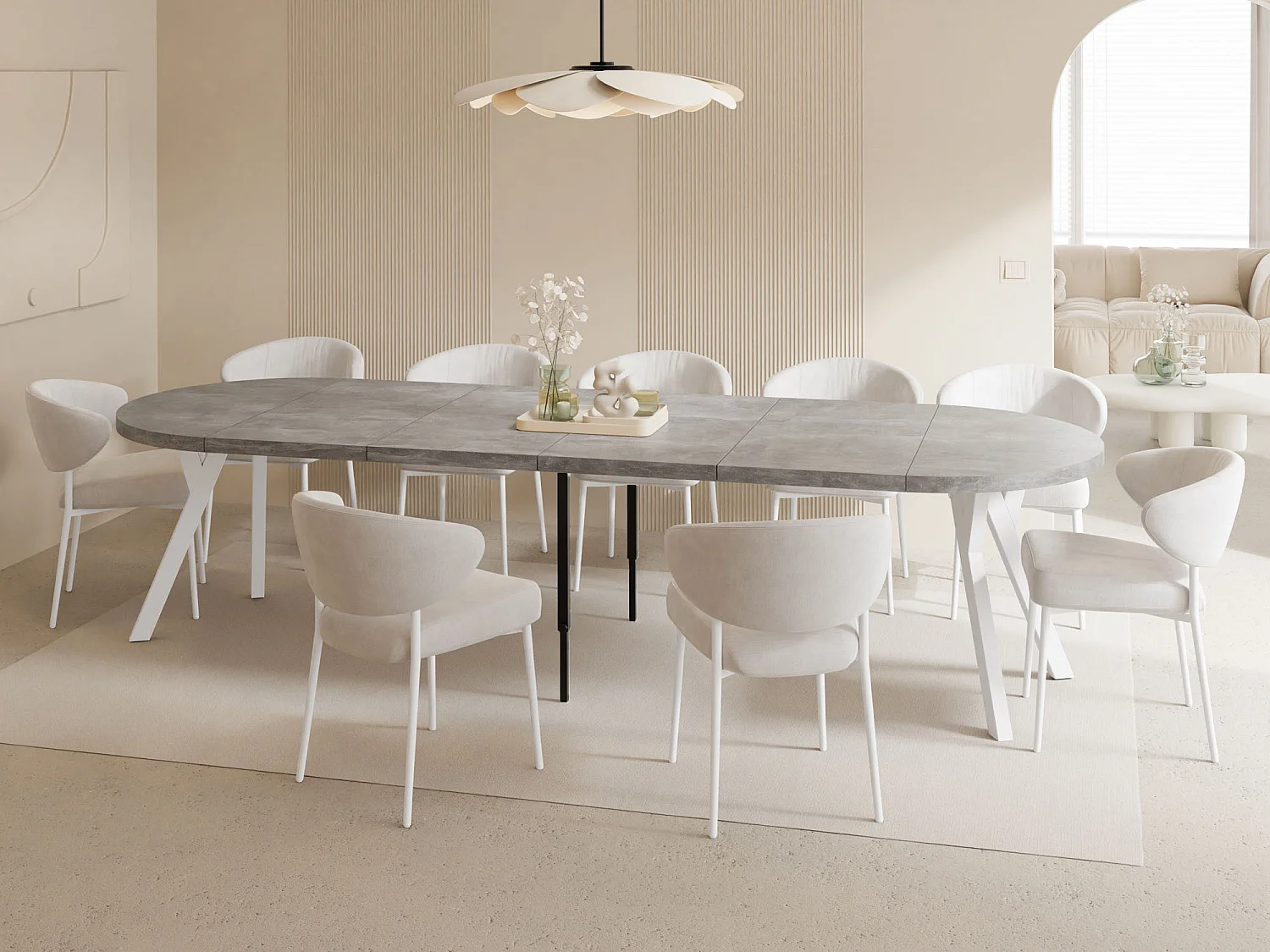 Table à Manger Ronde Extensible XXL Style Loft – 100 à 300 cm – Grande Table avec Pieds en Bois Blanc – Table Extra Longue pour 5 à 16 Personnes – Béton Gris