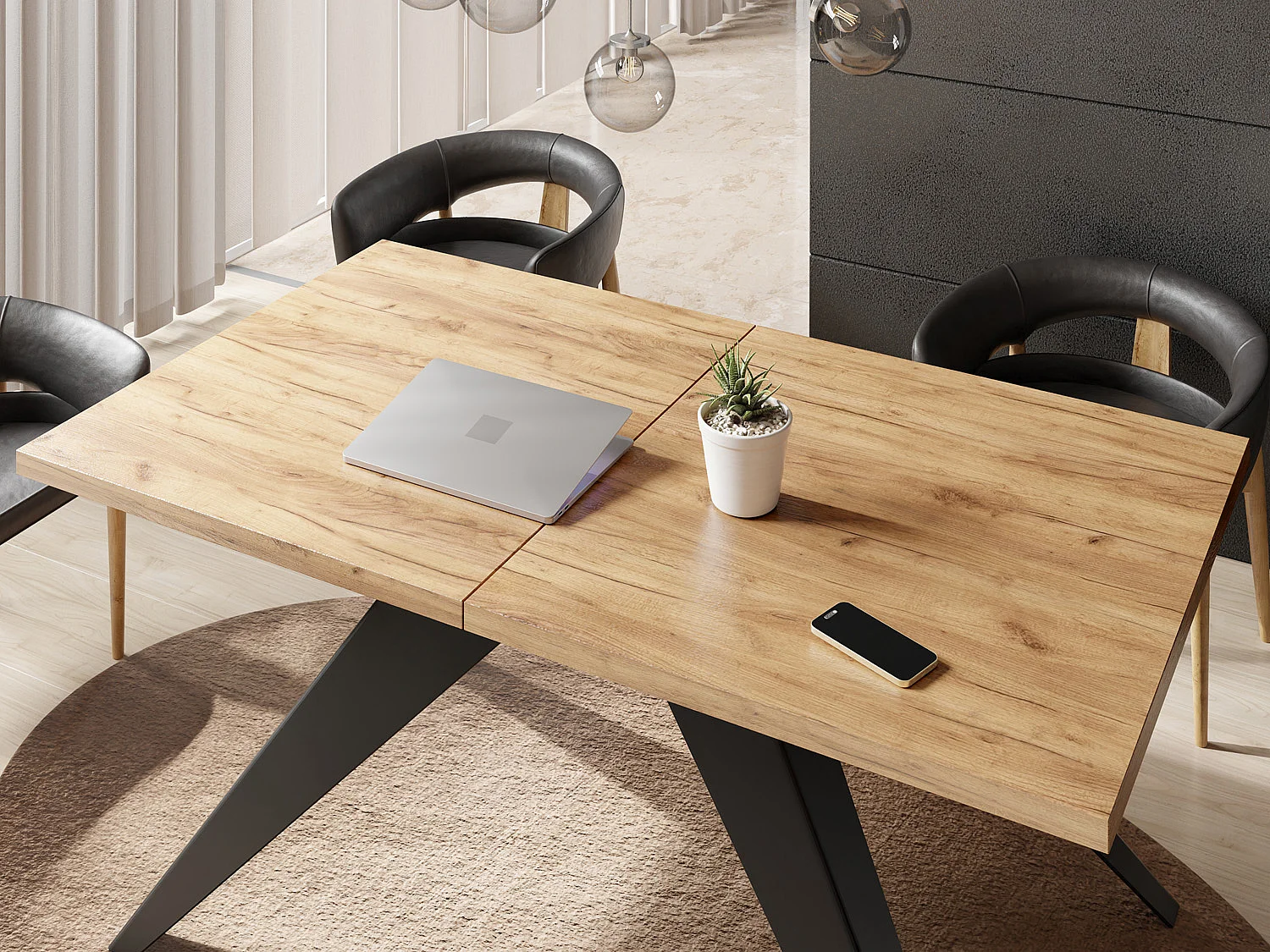 Table à Manger Vance Style Moderne - Table Rectangulaire Extensible de 160 à 260 cm, Pieds en Métal Noir Revêtement Poudre - 160 x 90 cm - Chêne Craft