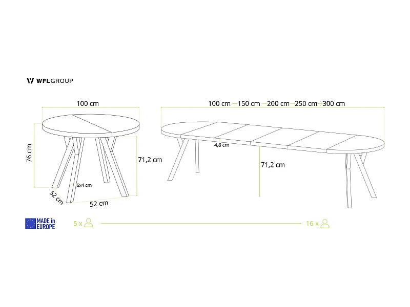 Table à Manger Ronde Extensible XXL Style Loft – 100 à 300 cm – Grande Table avec Pieds en Bois Blanc – Table Extra Longue pour 5 à 16 Personnes – Chêne Marron