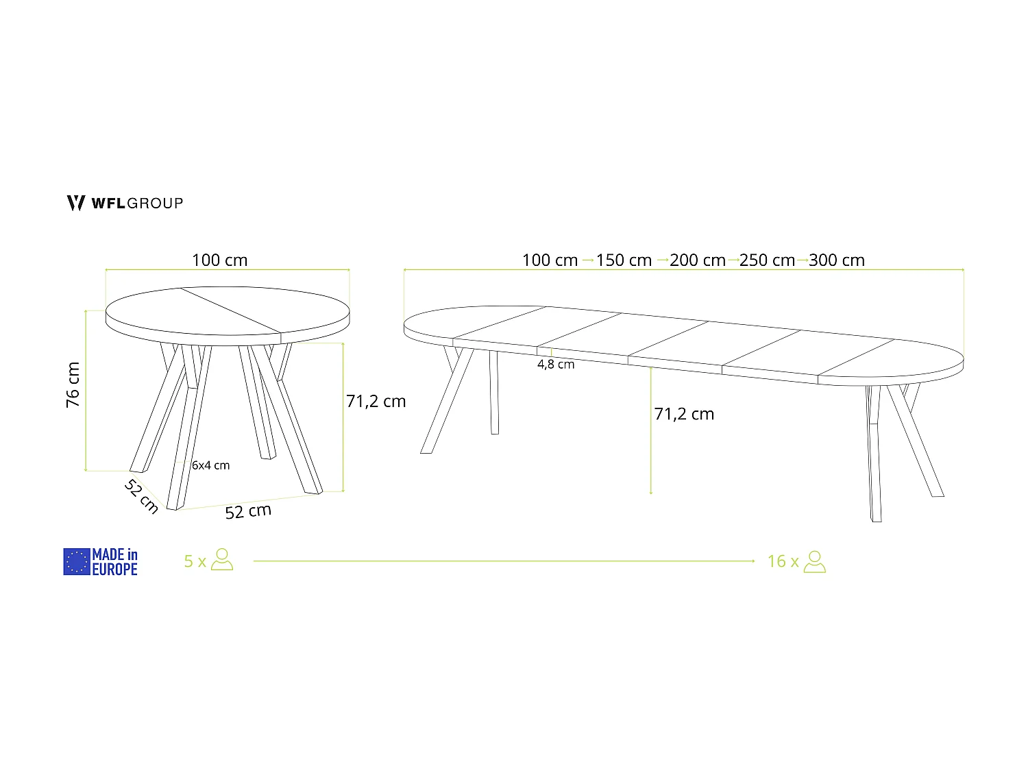 Table à Manger Ronde Extensible XXL Style Loft – 100 à 300 cm – Grande Table avec Pieds en Bois Blanc – Table Extra Longue pour 5 à 16 Personnes – Chêne Marron