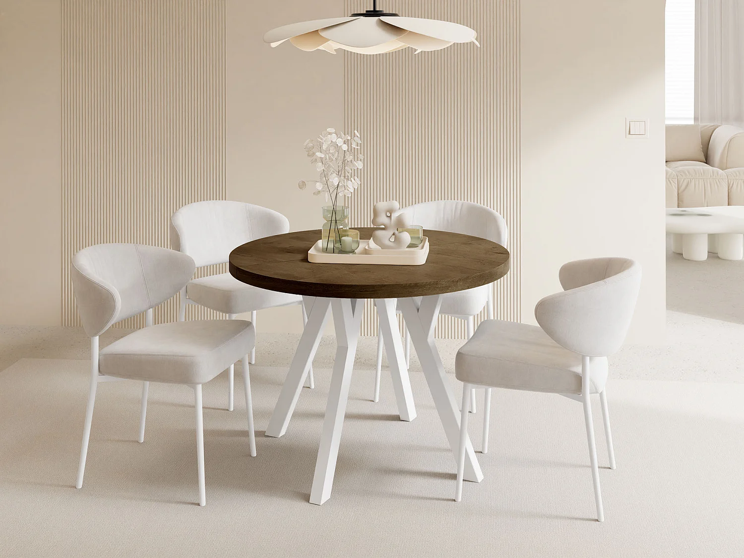 Table à Manger Ronde Extensible XXL Style Loft – 100 à 300 cm – Grande Table avec Pieds en Bois Blanc – Table Extra Longue pour 5 à 16 Personnes – Chêne Marron