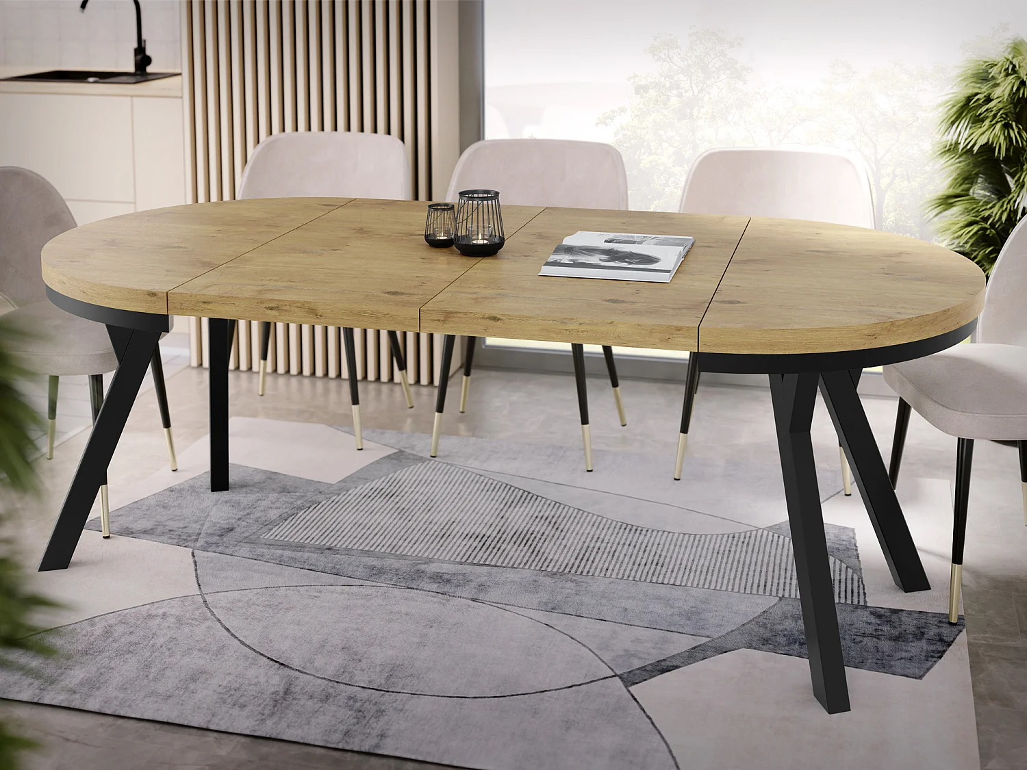 Table à Manger Ronde Extensible Designer - Style Loft, Peu Encombrant -  Pieds Noirs - 90 à 170 cm - Pour 4-8 personnes - Fabriqué en UE - Chêne Lancelot - 170 cm