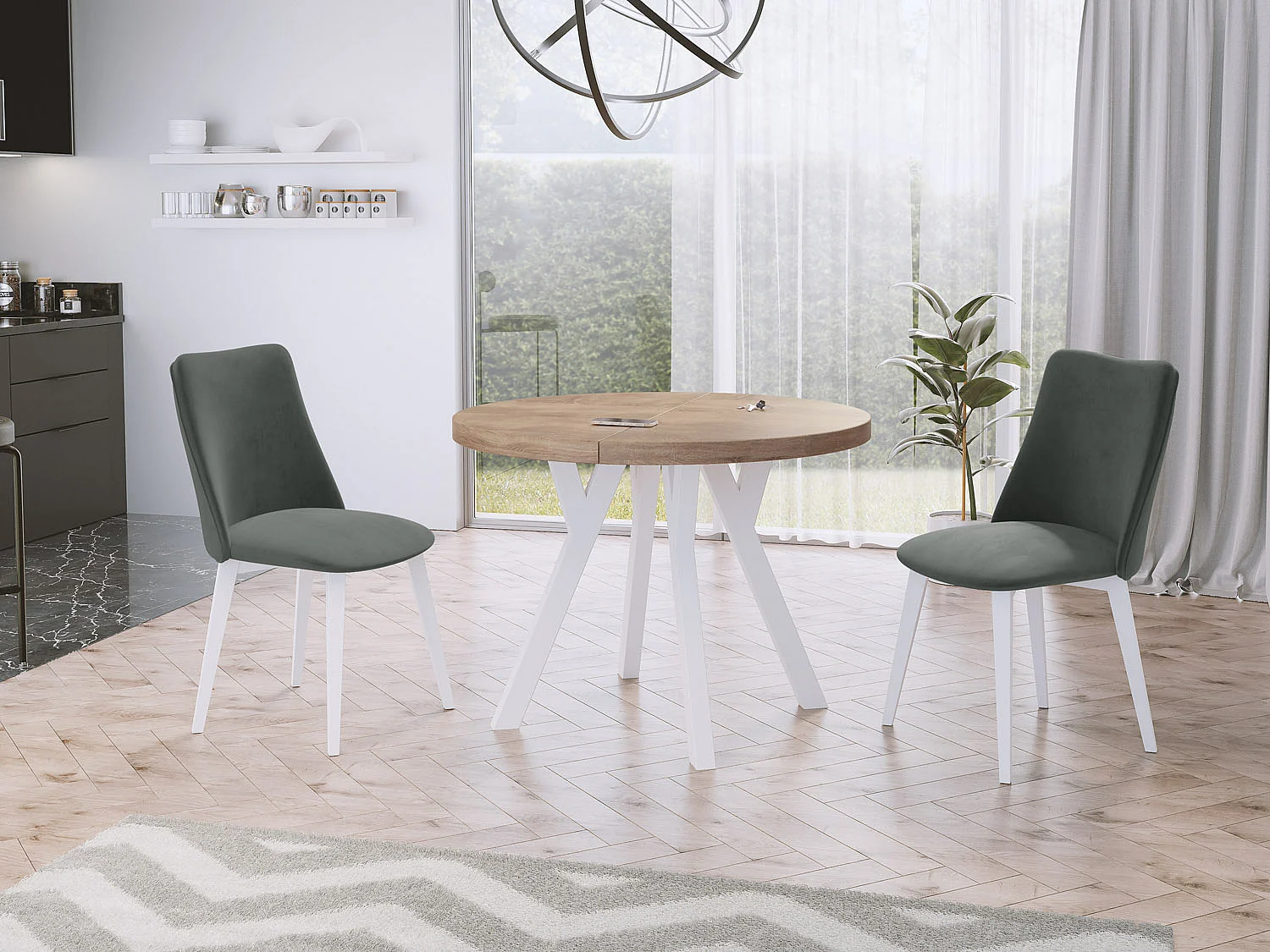 Table à Manger Extensible Ronde Designer - Style Loft, Peu Encombrant-  Pieds Blanc - 100 à 200 cm - Pour 5-10 personnes - Fabriqué en UE - Chêne Sonoma - 200 cm