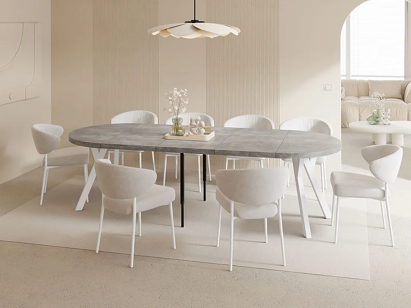 Table à Manger Ronde Extensible XXL Style Loft – 100 à 250 cm – Grande Table avec Pieds en Bois Blanc – Table Extra Longue pour 5 à 14 Personnes – Béton Gris