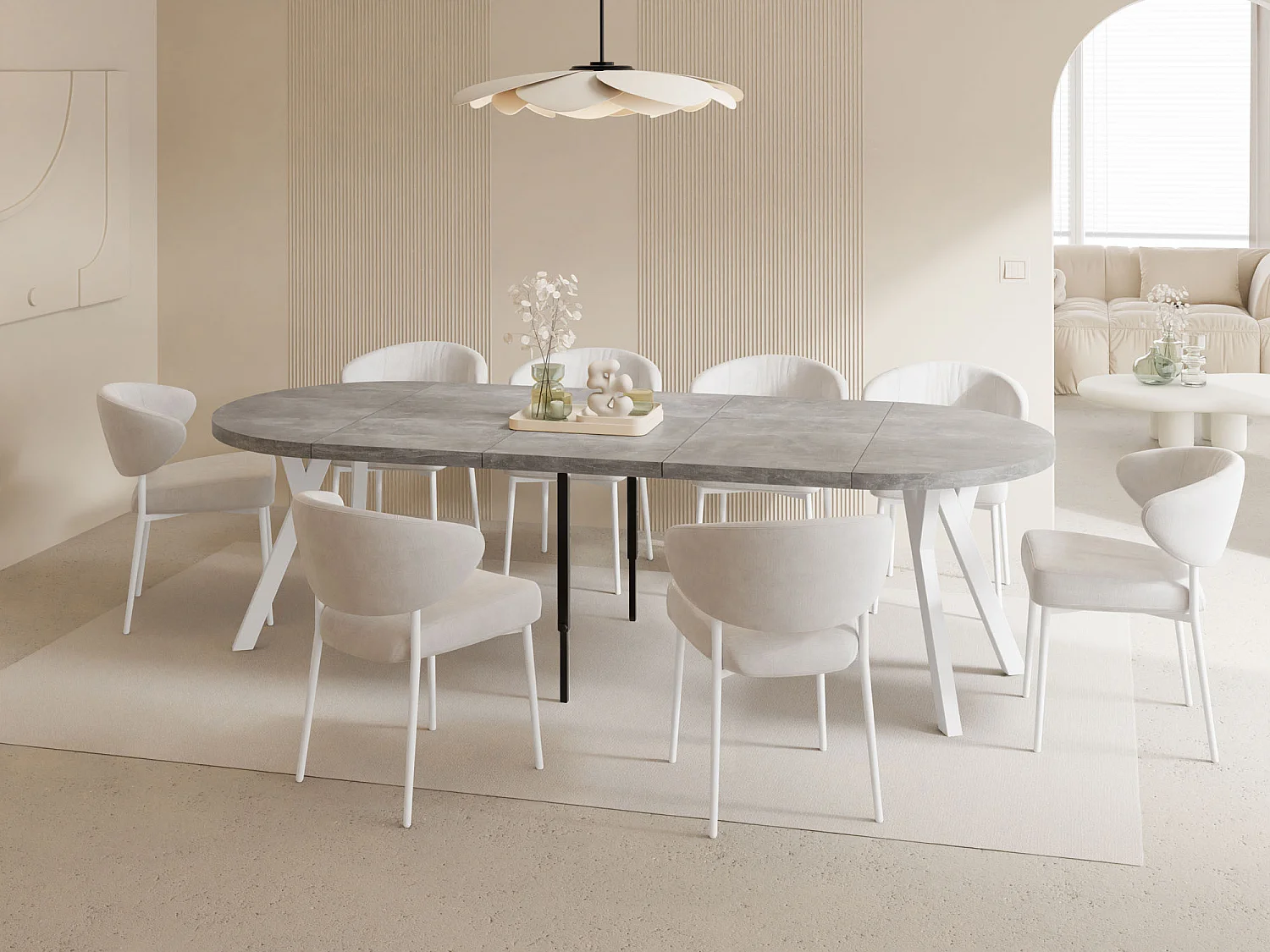 Table à Manger Ronde Extensible XXL Style Loft – 100 à 250 cm – Grande Table avec Pieds en Bois Blanc – Table Extra Longue pour 5 à 14 Personnes – Béton Gris