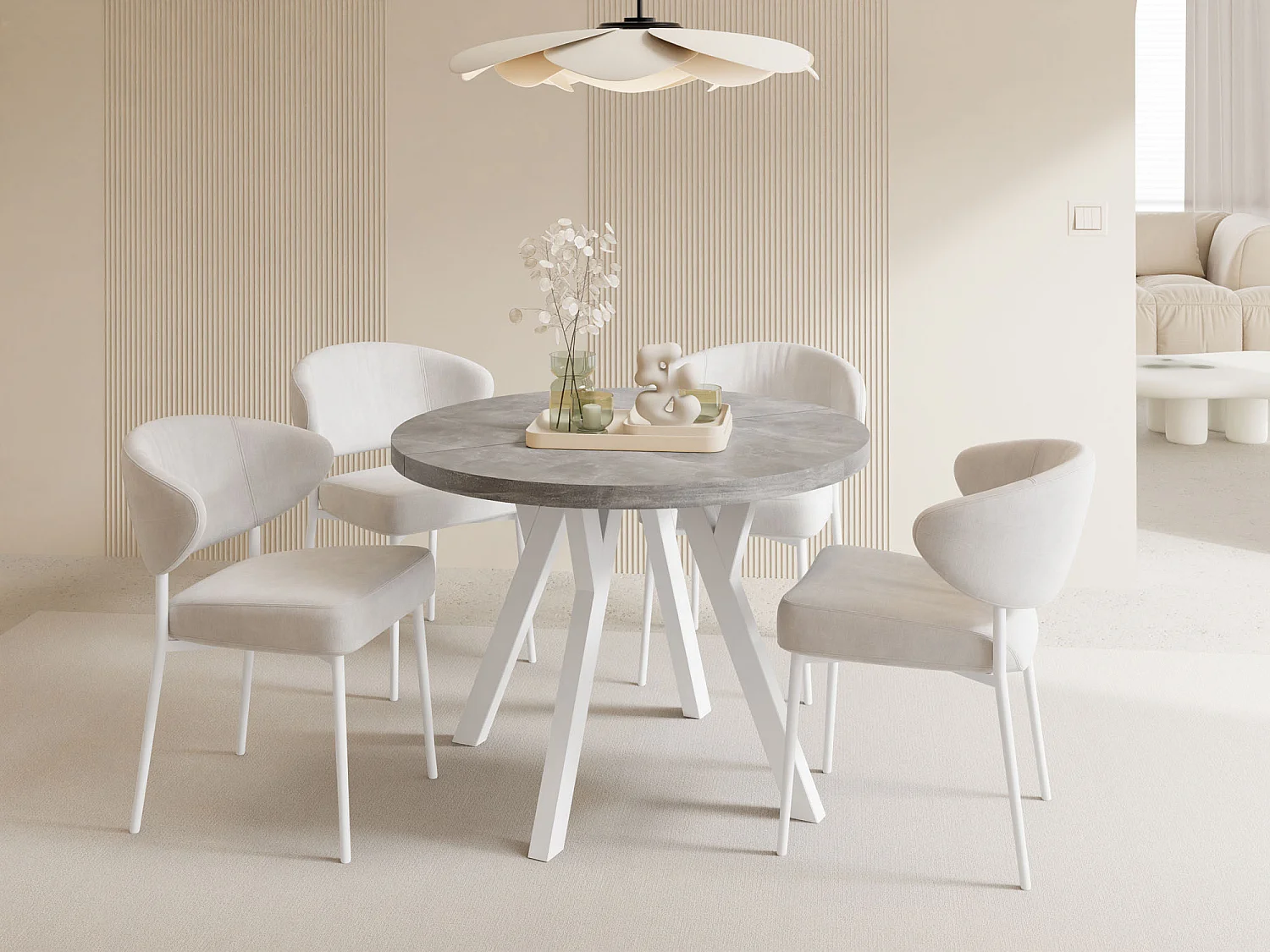 Table à Manger Ronde Extensible XXL Style Loft – 100 à 250 cm – Grande Table avec Pieds en Bois Blanc – Table Extra Longue pour 5 à 14 Personnes – Béton Gris