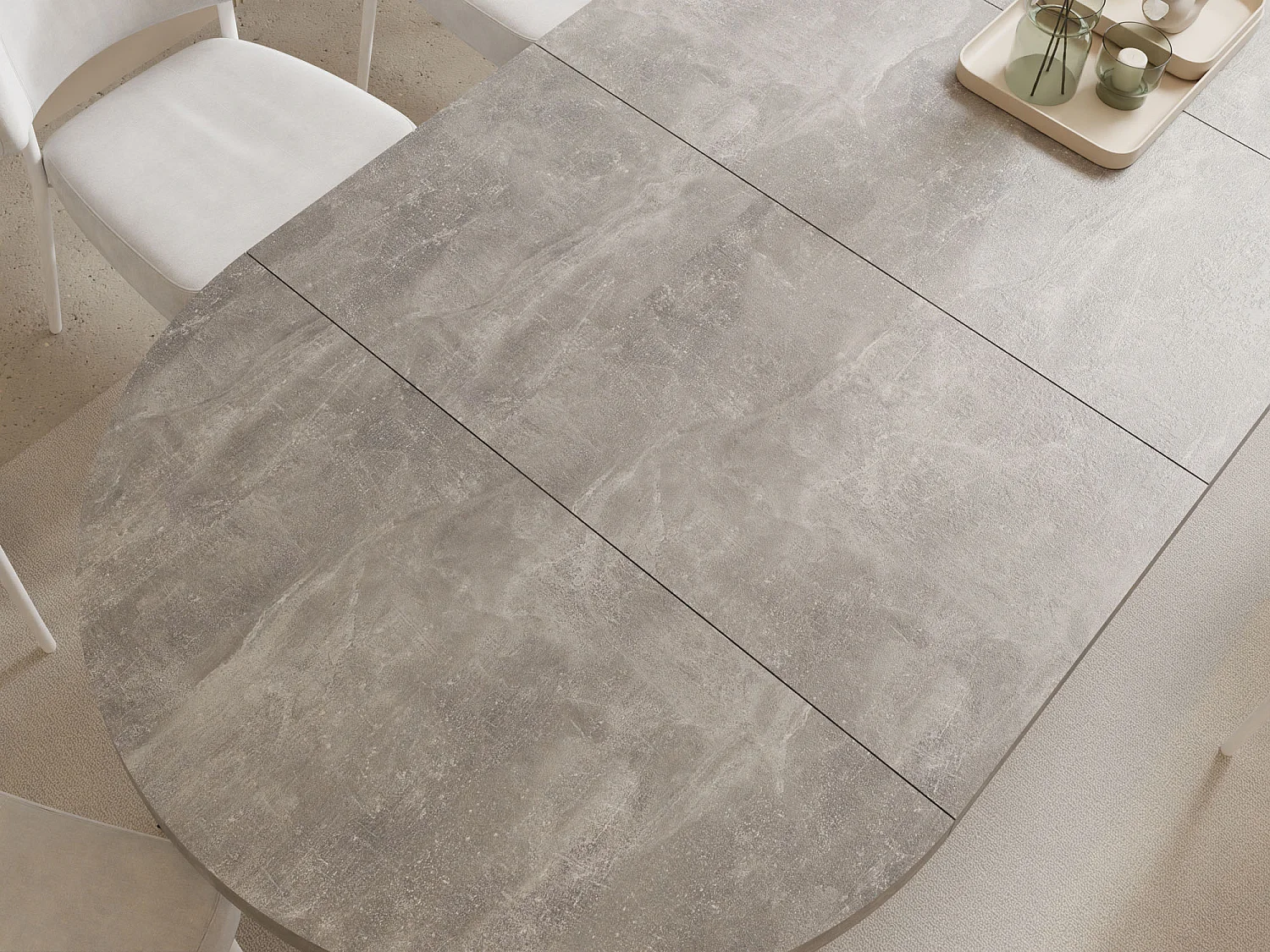 Table à Manger Ronde Extensible XXL Style Loft – 100 à 250 cm – Grande Table avec Pieds en Bois Blanc – Table Extra Longue pour 5 à 14 Personnes – Béton Gris