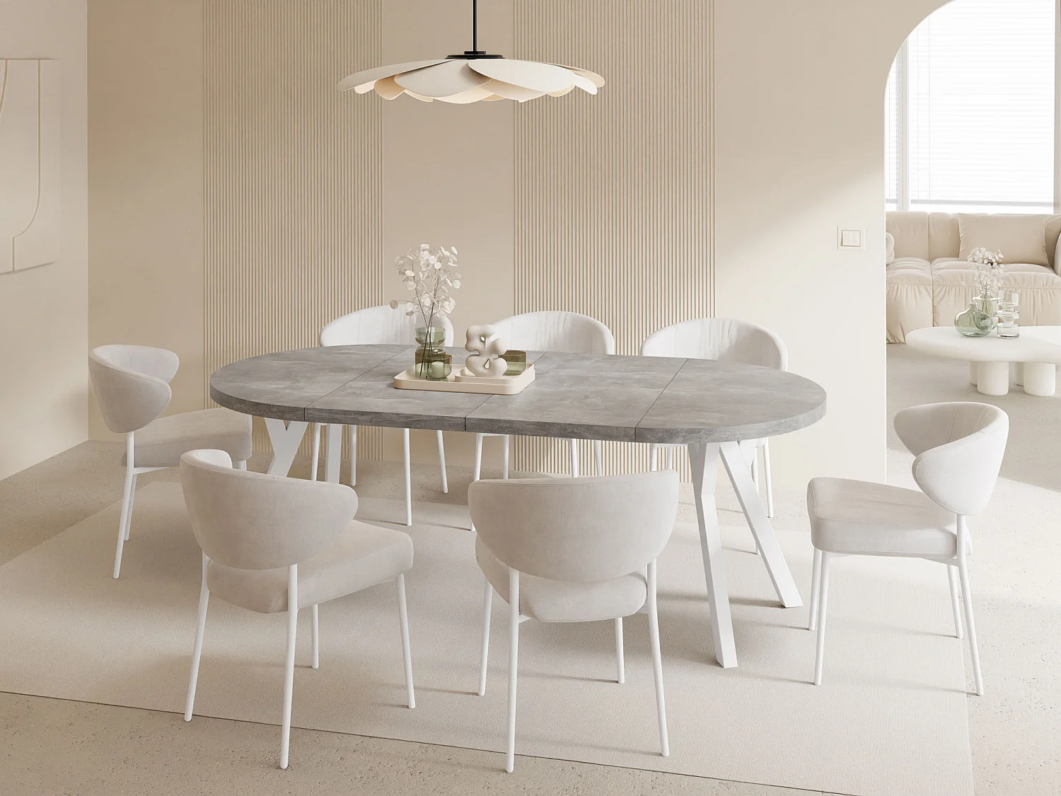 Table à Manger Ronde Extensible XXL Style Loft – 100 à 250 cm – Grande Table avec Pieds en Bois Blanc – Table Extra Longue pour 5 à 14 Personnes – Béton Gris