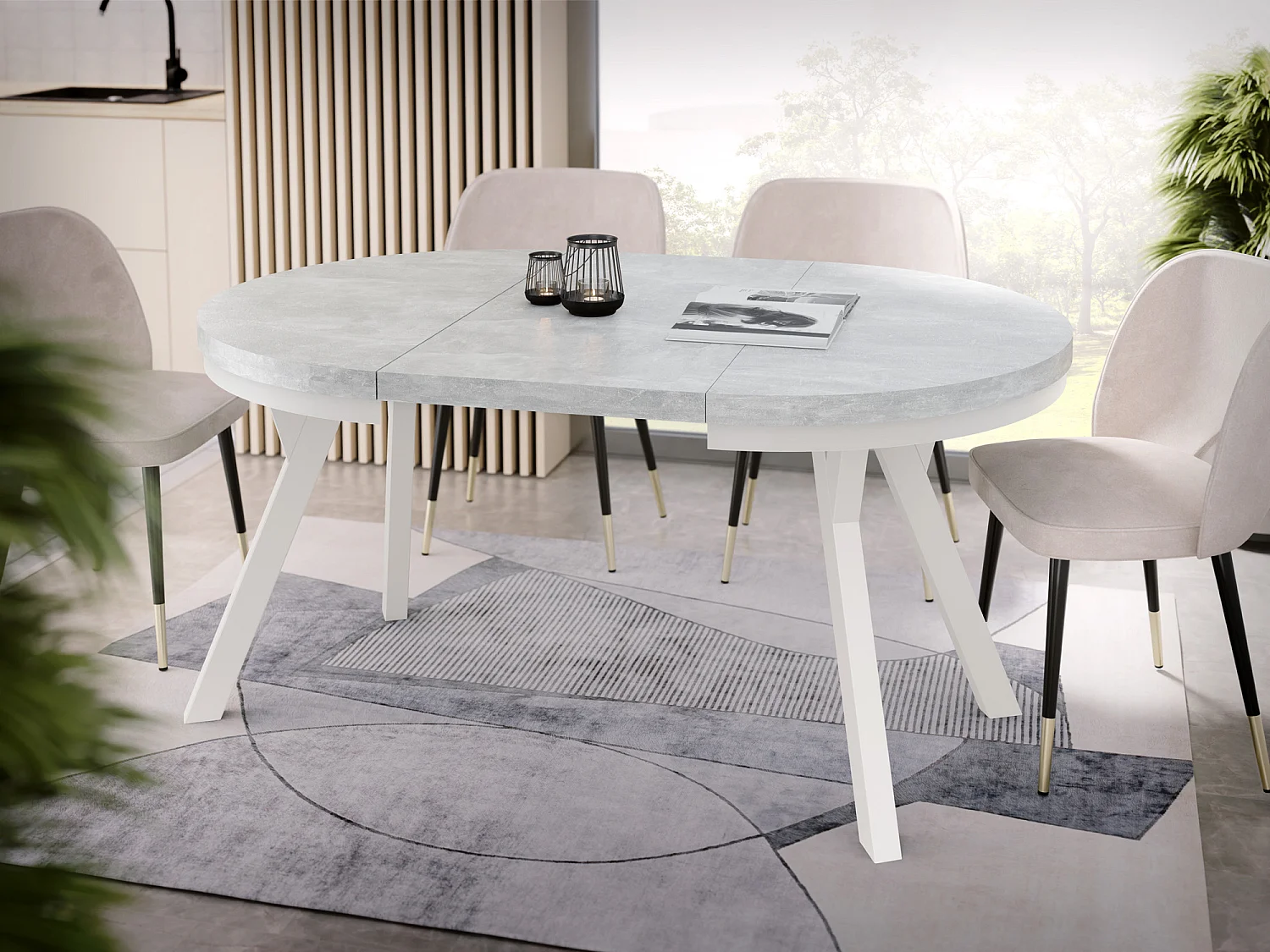 Table à Manger Extensible Ronde Designer - Style Loft, Peu Encombrant - Pieds Blanc - 100 à 150 cm - pour 5-8 personnes - Fabriqué en UE - Gris Béton - 150 cm