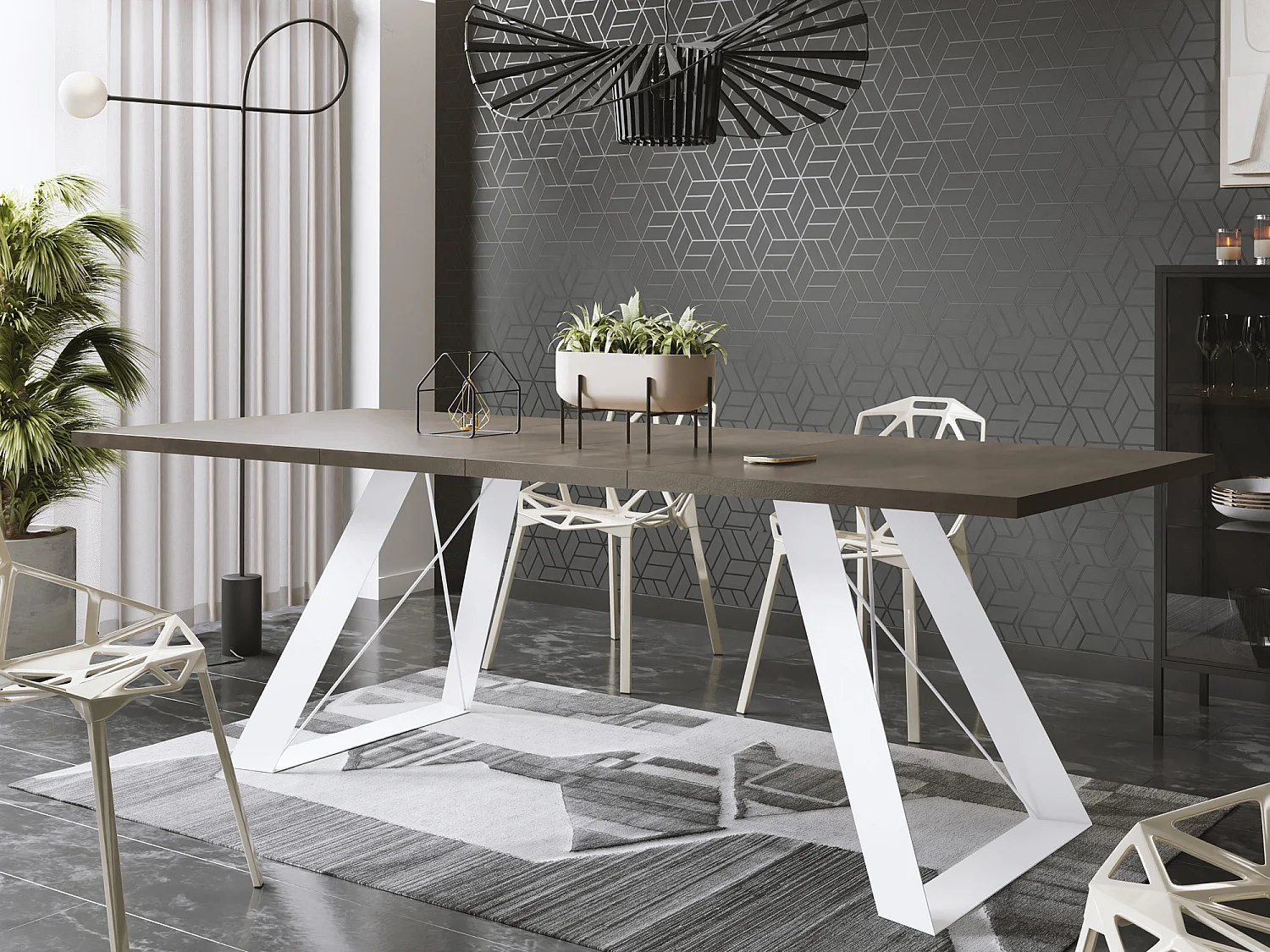 Table à Manger Rectangulaire Extensible avec Cadre Métallique Noir – Table Économiseuse d'Espace Style Loft pour Salon – Blanc avec Pieds Métalliques Noirs – 160...