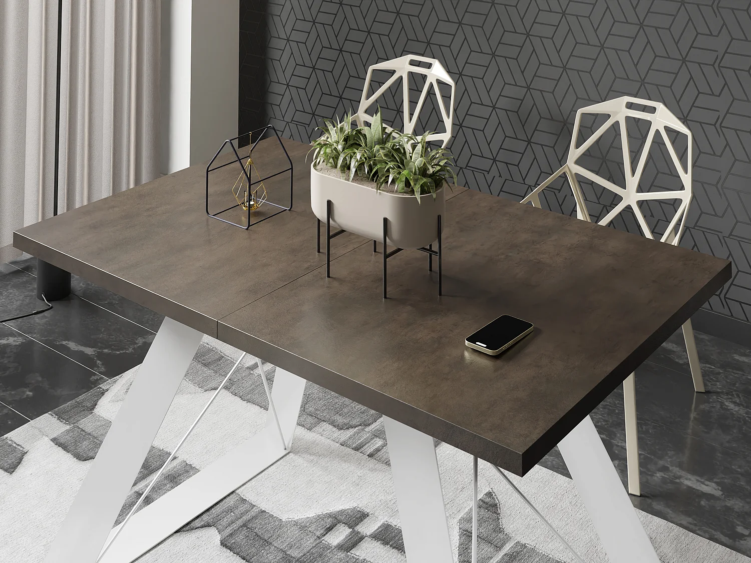 Table à Manger Rectangulaire Extensible avec Cadre Métallique Noir – Table Économiseuse d'Espace Style Loft pour Salon – Blanc avec Pieds Métalliques Noirs – 160...