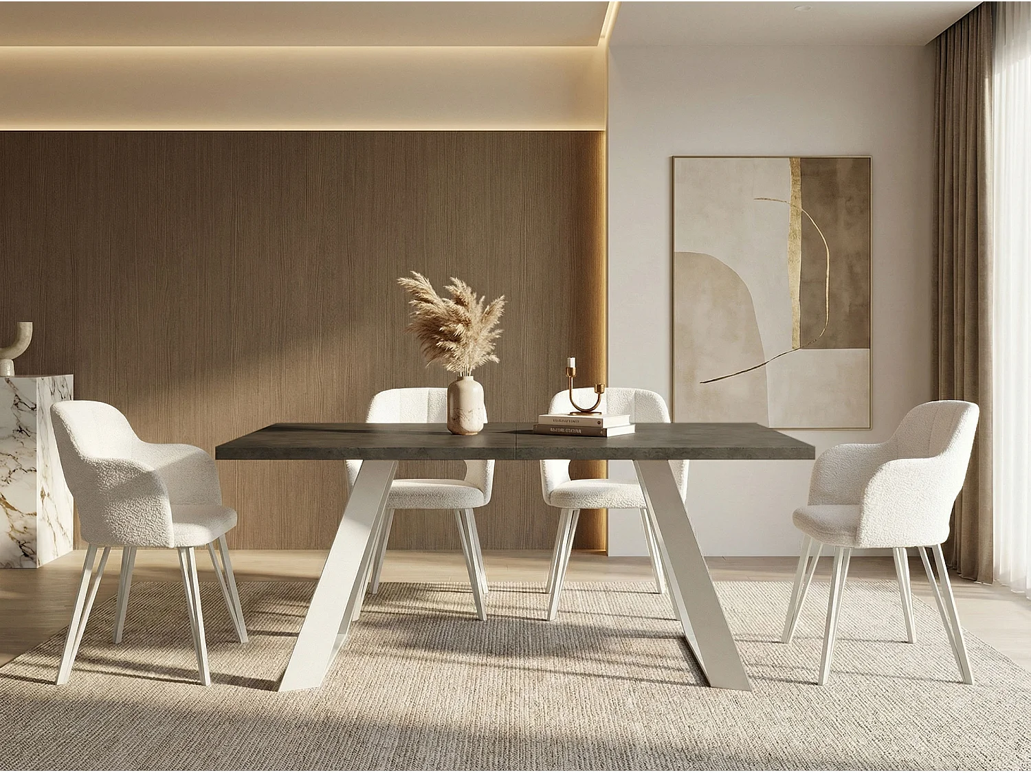 Table à Manger Rectangulaire Extensible avec Cadre Métallique Noir – Table Économiseuse d'Espace Style Loft pour Salon – Blanc avec Pieds Métalliques Noirs – 160...