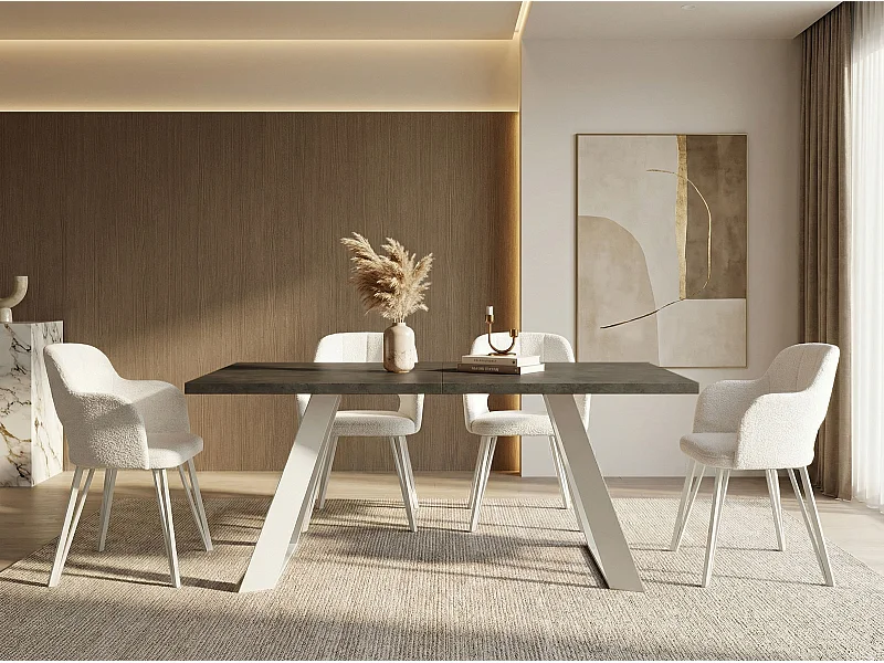 Table à Manger Rectangulaire Extensible avec Cadre Métallique Noir – Table Économiseuse d'Espace Style Loft pour Salon – Blanc avec Pieds Métalliques Noirs – 160...