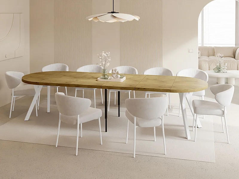 Table à Manger Ronde Extensible XXL Style Loft – 100 à 300cm – Grande Table avec Pieds en Bois Blanc – Table Extra Longue pour 5 à 16 Personnes – Chêne Marron Clair