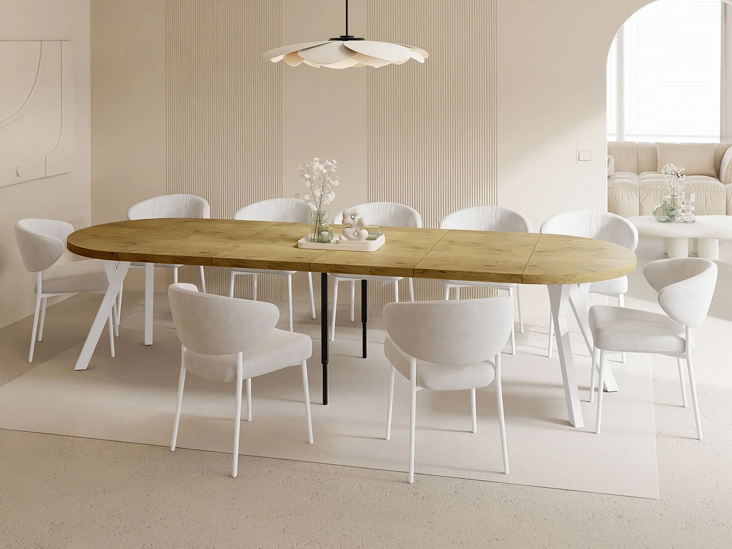 Table à Manger Ronde Extensible XXL Style Loft – 100 à 300cm – Grande Table avec Pieds en Bois Blanc – Table Extra Longue pour 5 à 16 Personnes – Chêne Marron Clair