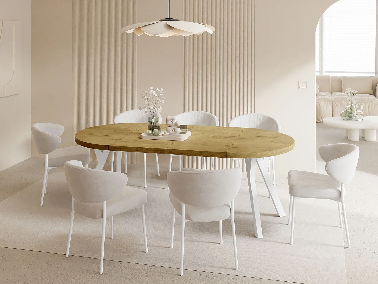 Table à Manger Ronde Extensible XXL Style Loft – 100 à 300cm – Grande Table avec Pieds en Bois Blanc – Table Extra Longue pour 5 à 16 Personnes – Chêne Marron Clair