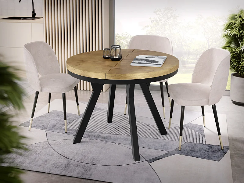 Table à Manger Extensible Ronde Designer - Style Loft, Peu Encombrant -  Pieds Noirs - 100 à 150 cm - Pour 5-8 personnes - Fabriqué en UE - Chêne Lancelot - 150 cm
