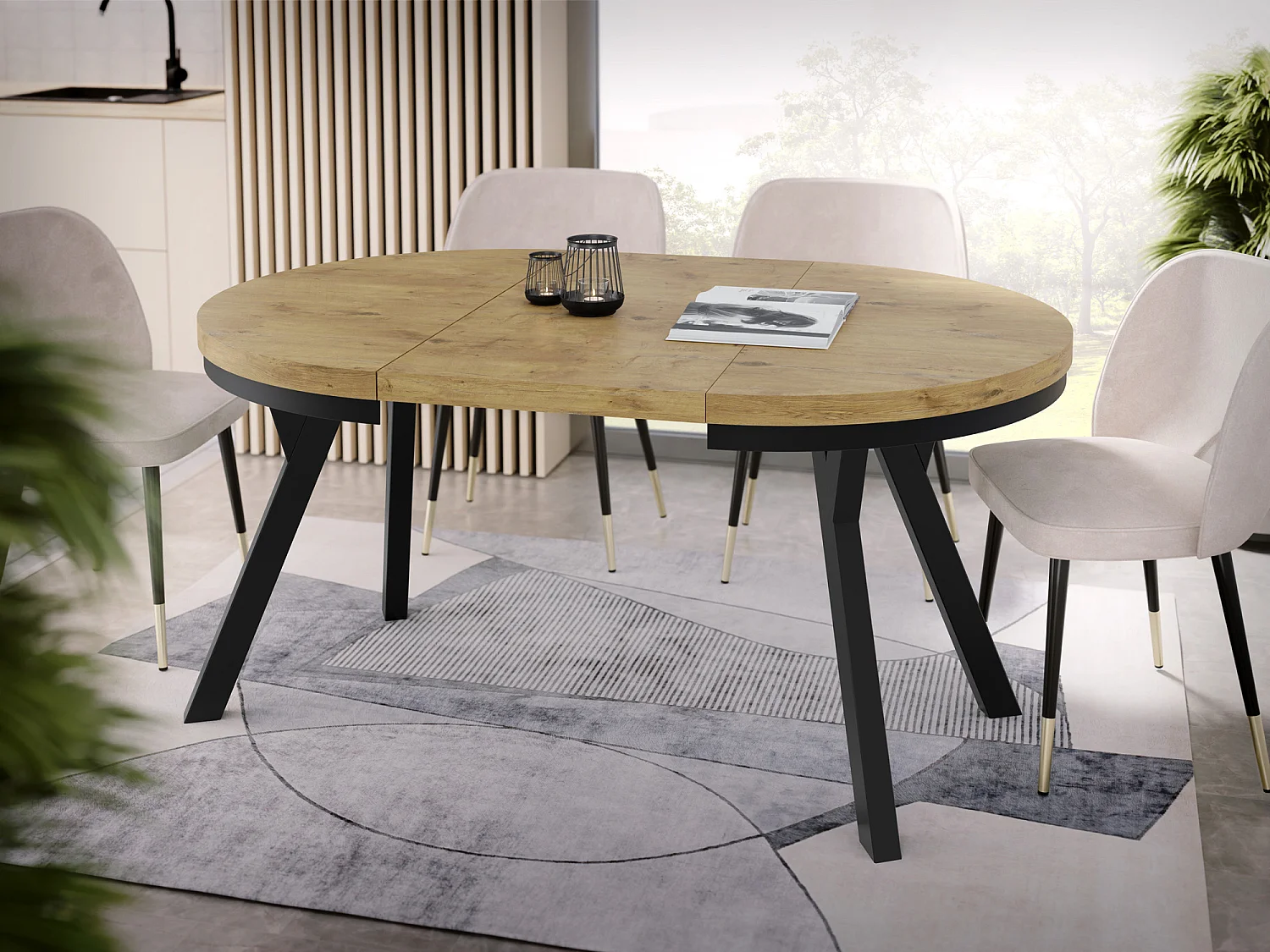 Table à Manger Extensible Ronde Designer - Style Loft, Peu Encombrant -  Pieds Noirs - 100 à 150 cm - Pour 5-8 personnes - Fabriqué en UE - Chêne Lancelot - 150 cm