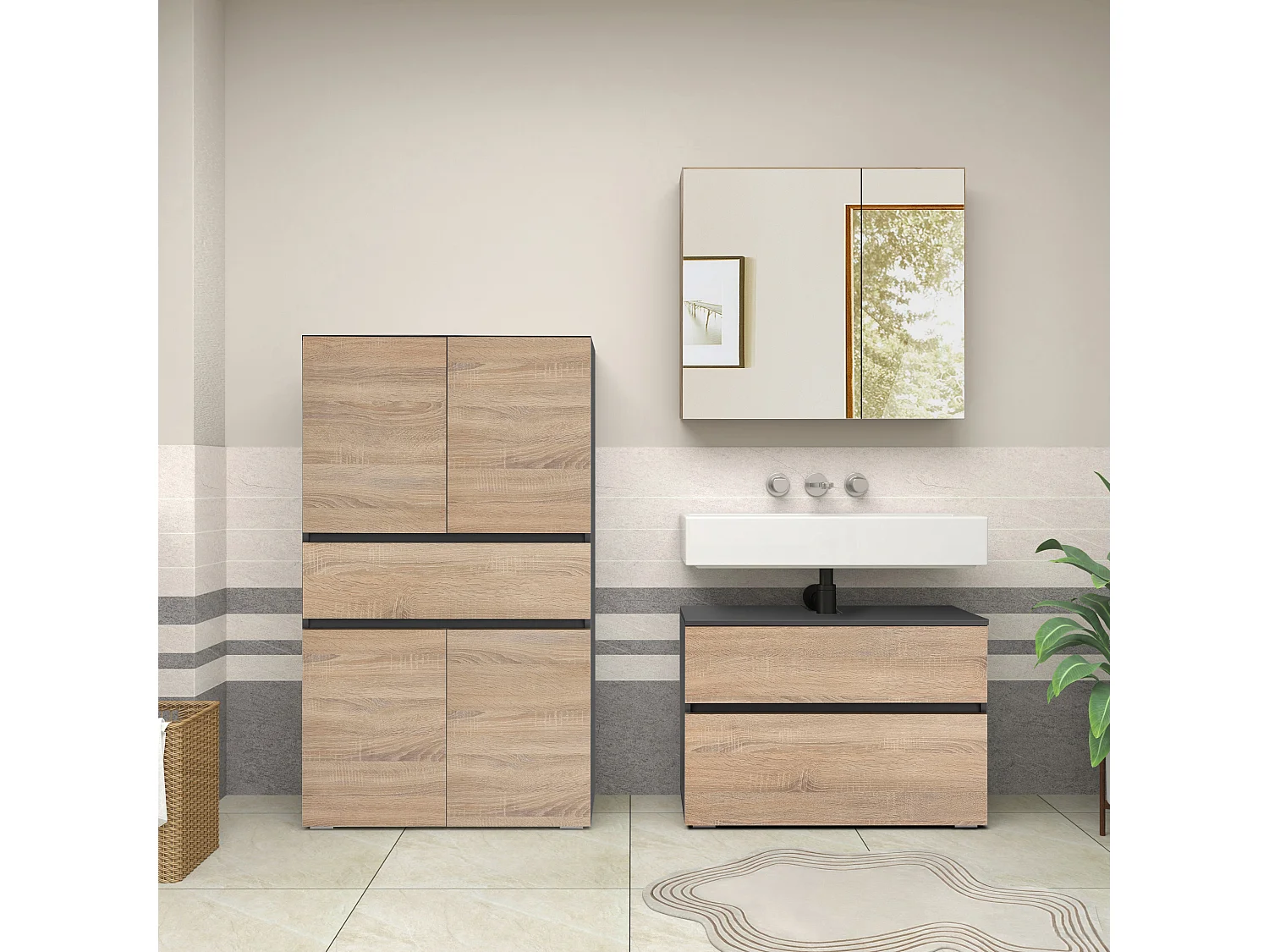 Wisla  | Meuble de salle de bain avec 4 portes 1 tiroir en aspect chêne anthracite