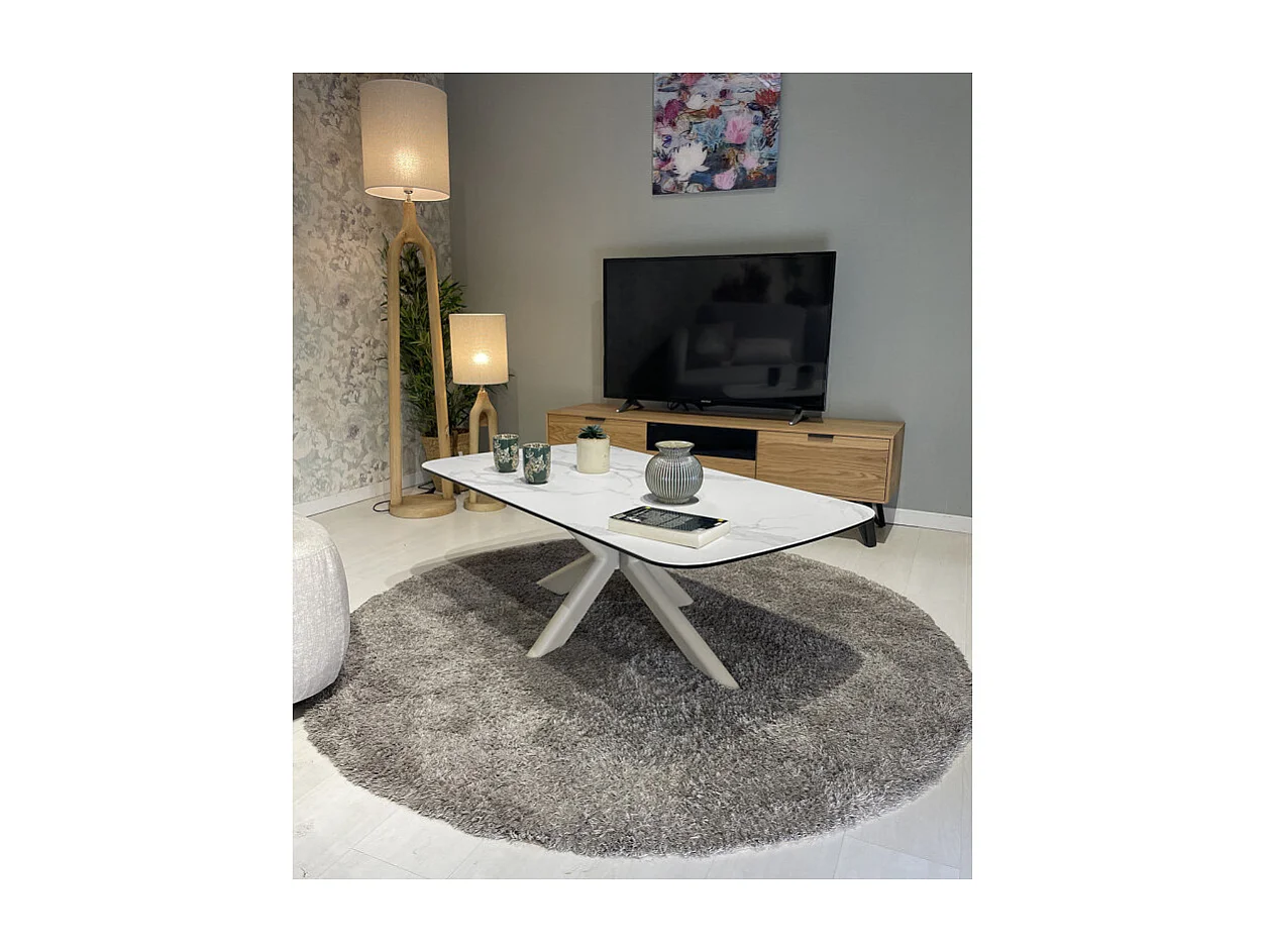 Table basse 130 cm céramique blanc pied croix métal beige - LIVANO