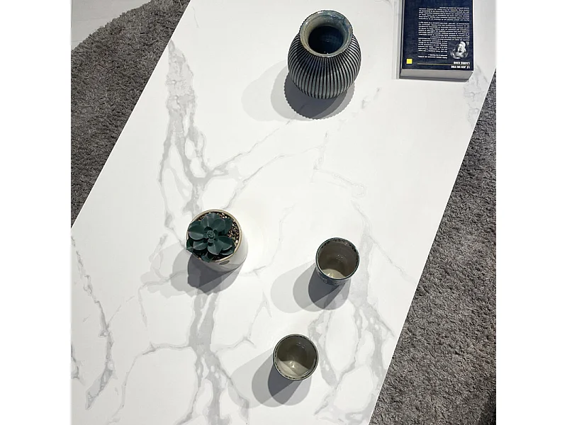 Table basse 130 cm céramique blanc pied croix métal beige - LIVANO