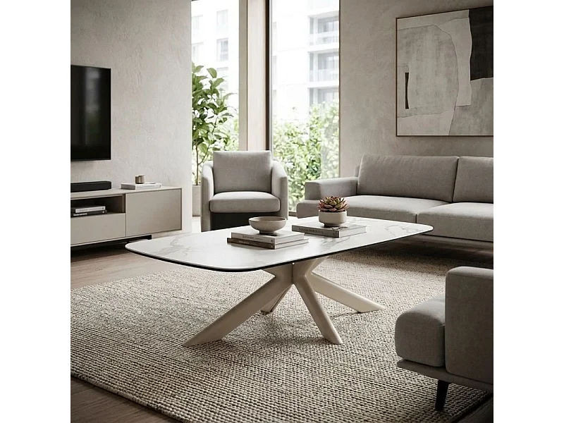 Table basse 130 cm céramique blanc pied croix métal beige - LIVANO