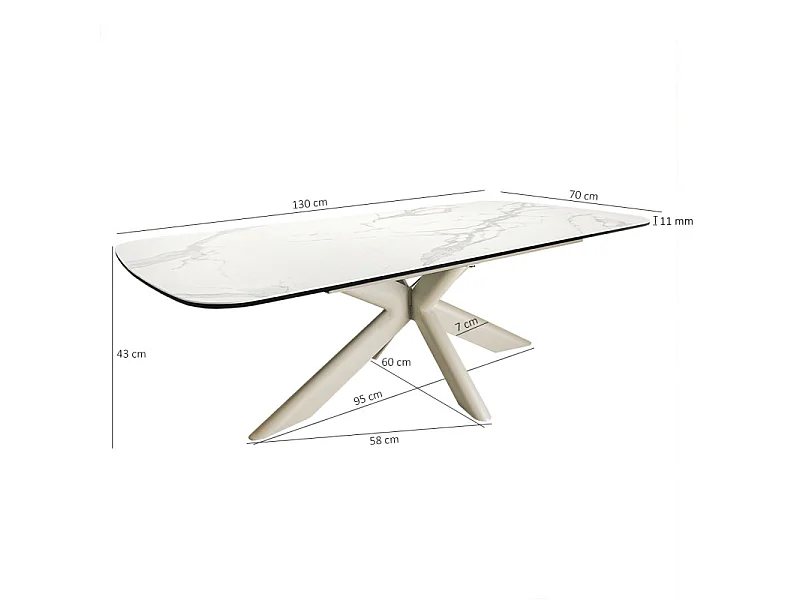 Table basse 130 cm céramique blanc pied croix métal beige - LIVANO