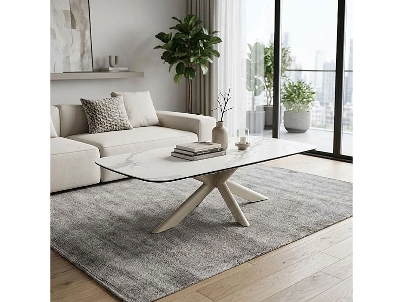 Table basse 130 cm céramique blanc pied croix métal beige - LIVANO