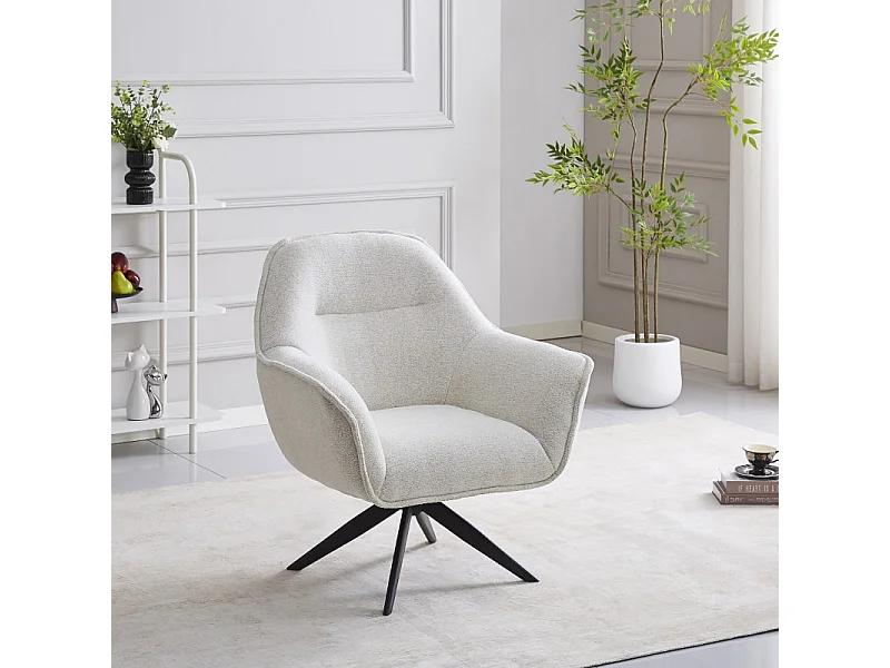Fauteuil pivotant 360° tissu doux écru et pied en métal noir - EDWARD