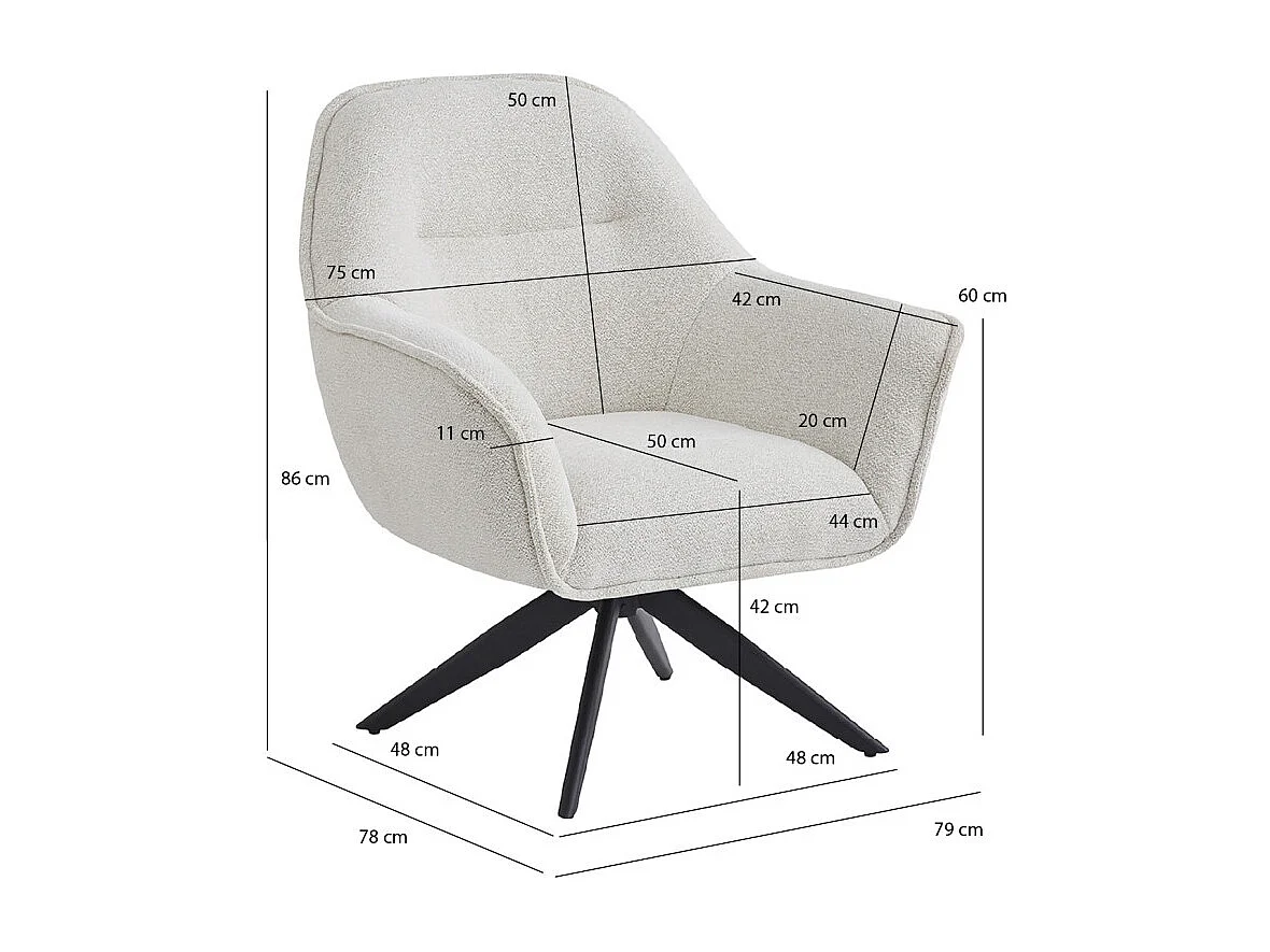 Fauteuil pivotant 360° tissu doux écru et pied en métal noir - EDWARD