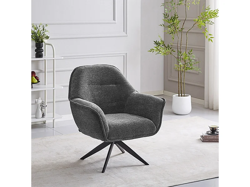 Fauteuil pivotant 360° tissu doux gris et pied en métal noir - EDWARD