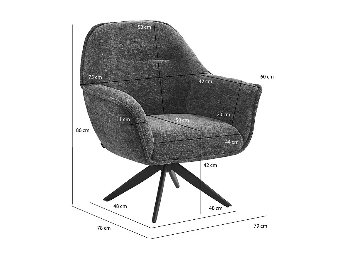 Fauteuil pivotant 360° tissu doux gris et pied en métal noir - EDWARD